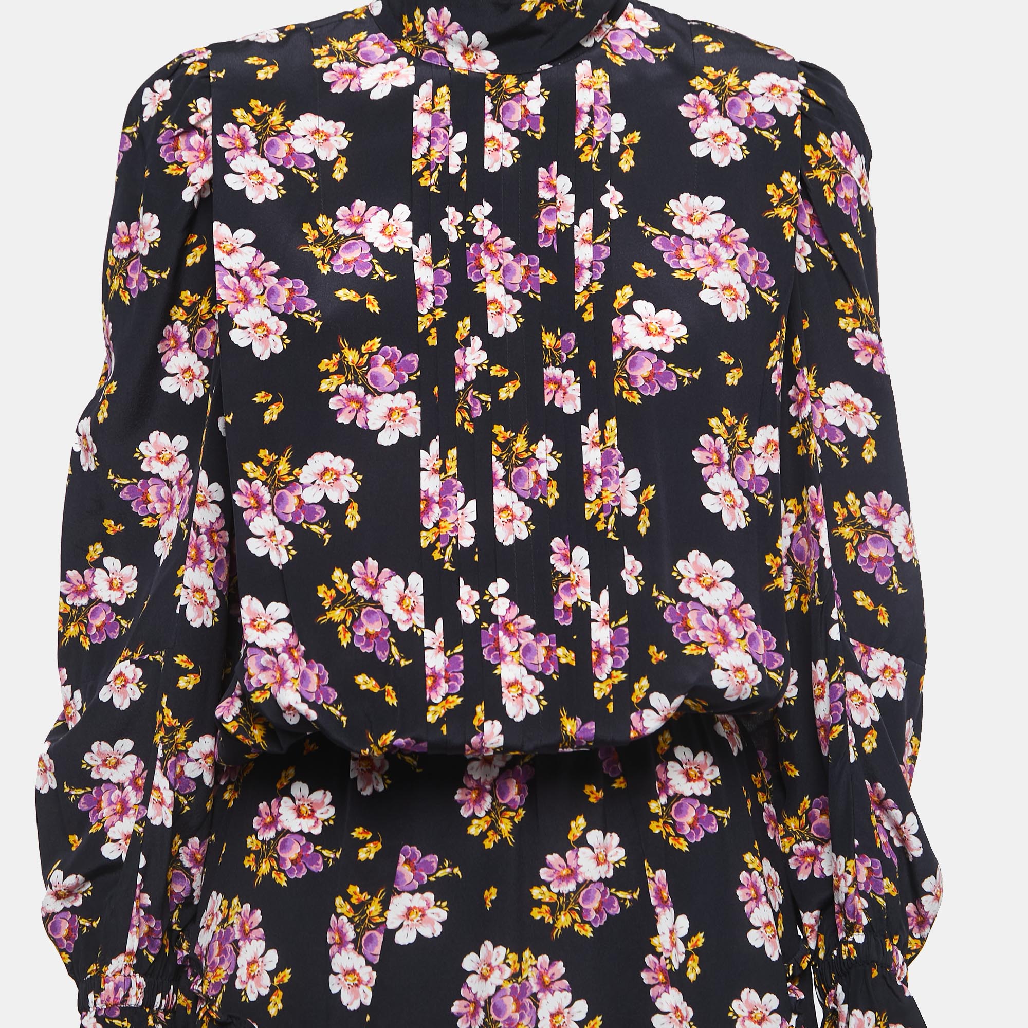 Zadig & Voltaire Black Floral Printed Silk Pleated Mini Dress L