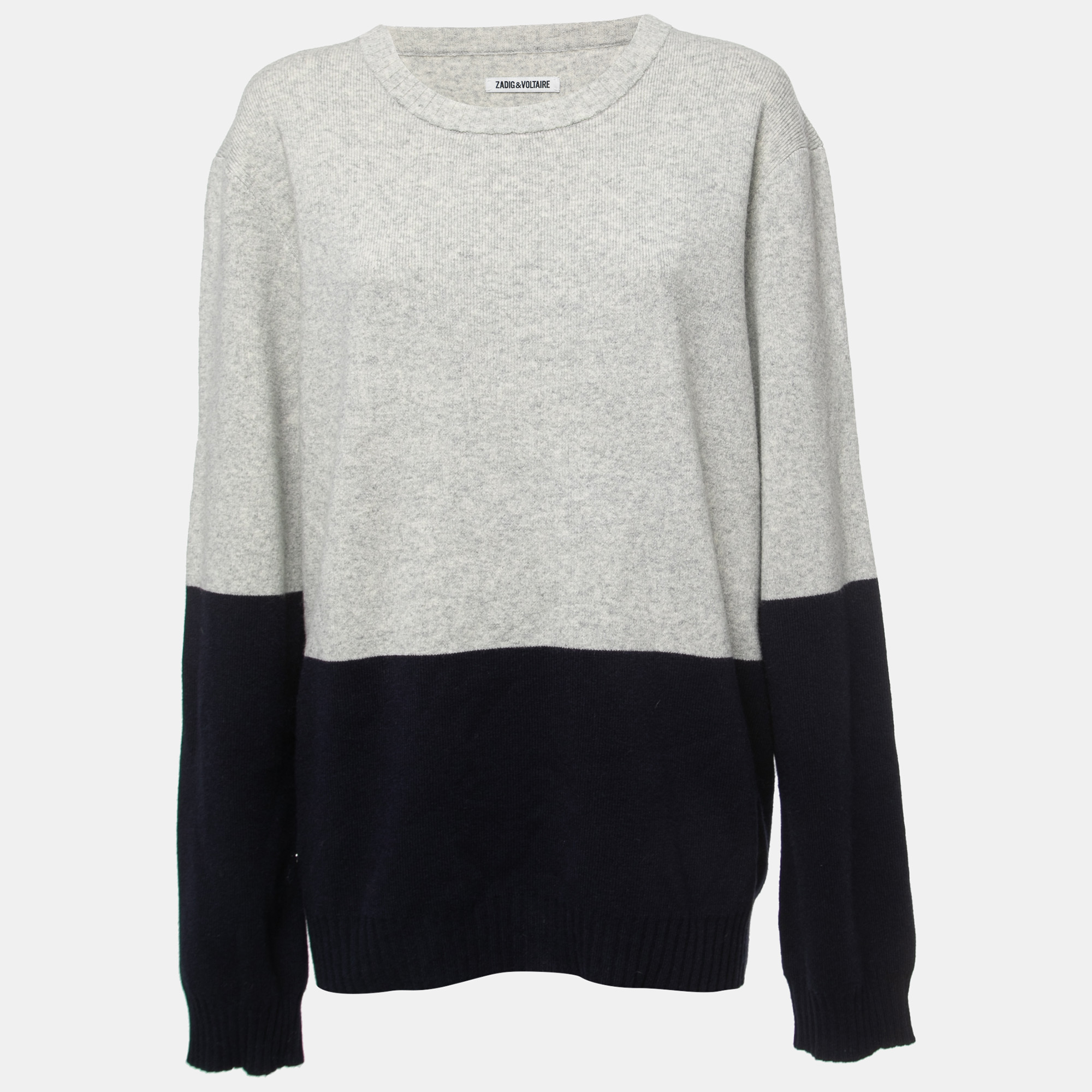 Zadig & Voltaire Grey/Navy Blue Wool Crew Neck Sweater XL