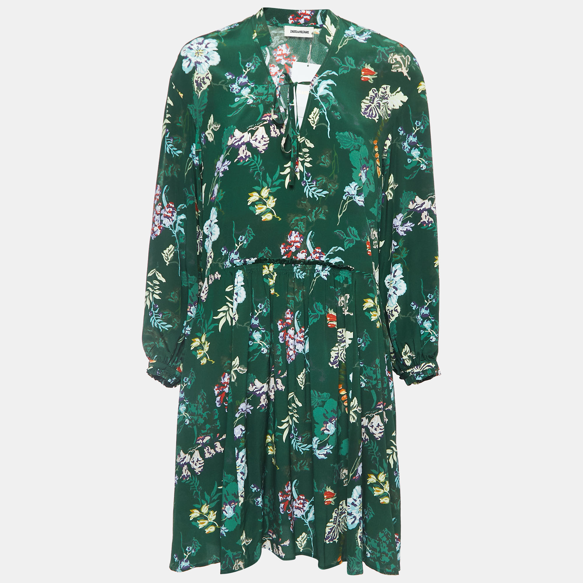 Zadig & Voltaire Green Printed Silk Gathered Short Dress S