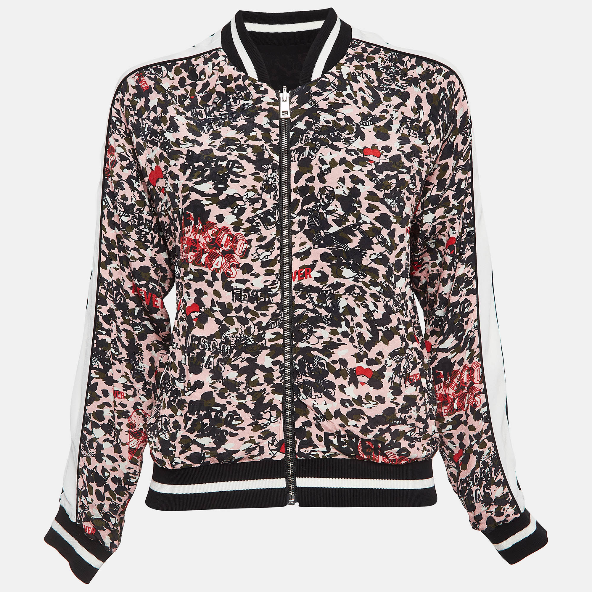 Zadig & voltaire pink/black printed crepe reversible bomber jacket s