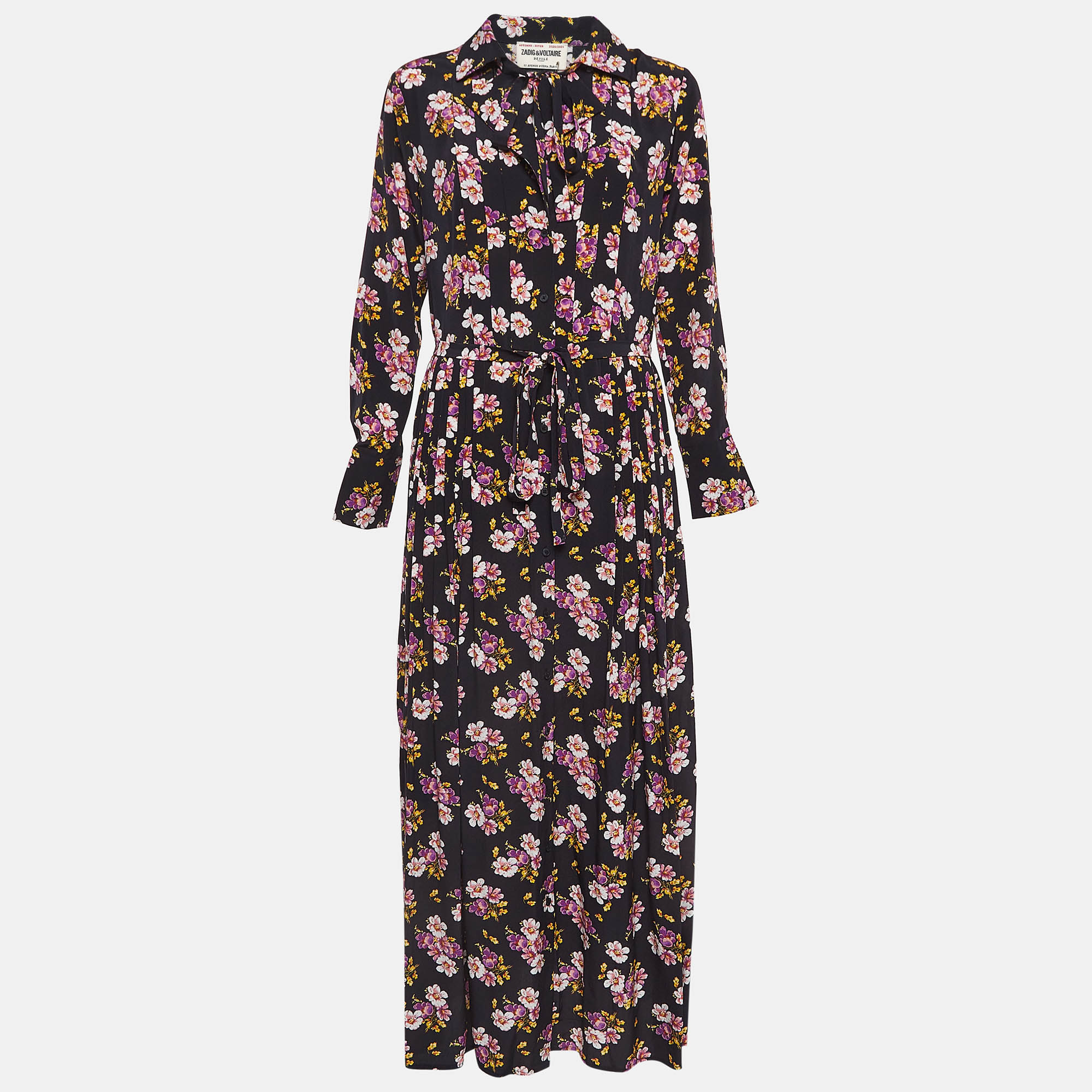 Zadig & voltaire navy peonies print silk buttoned front pleated long dress s