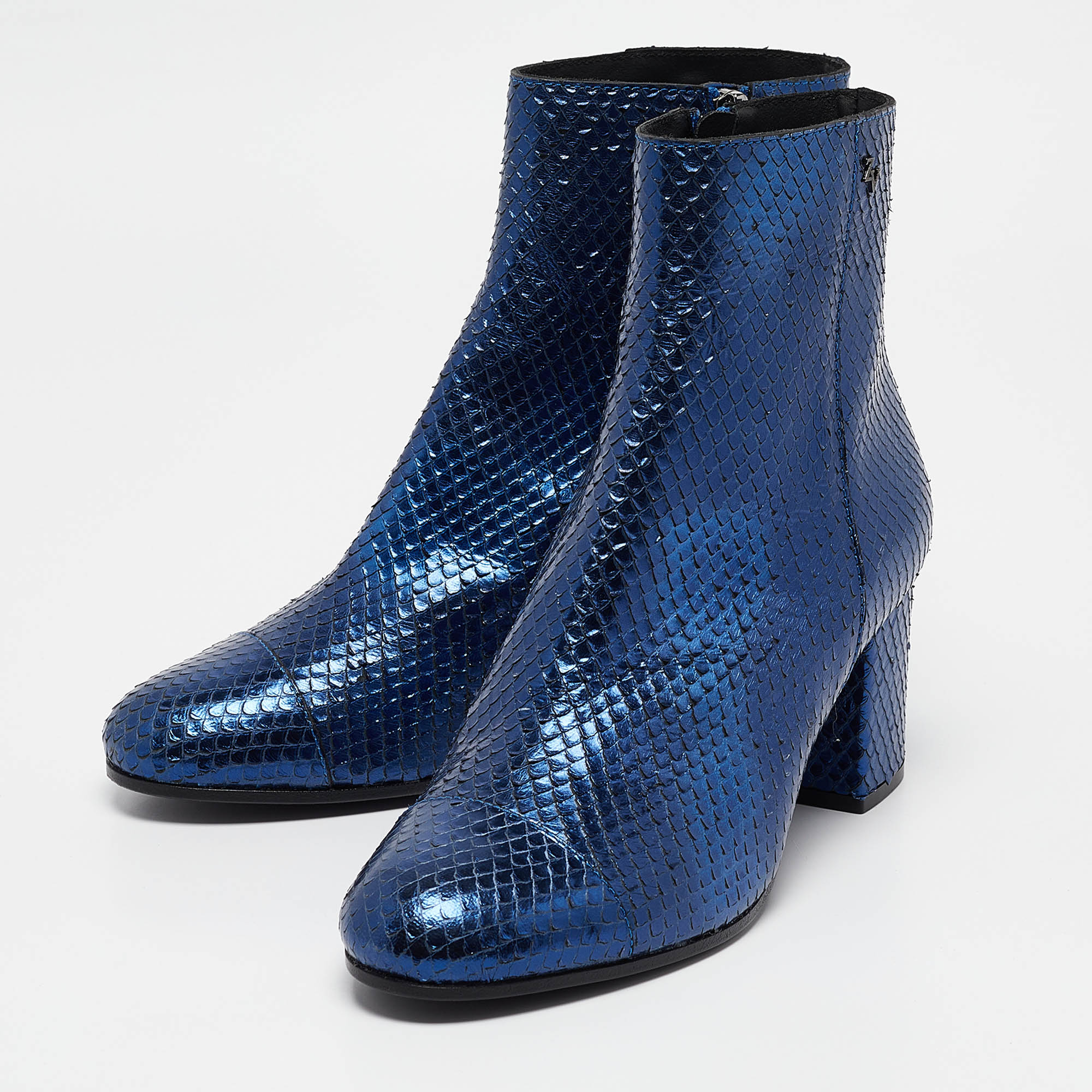 Zadig & Voltaire Blue Python Embossed Leather Ankle Length Boots Size 38