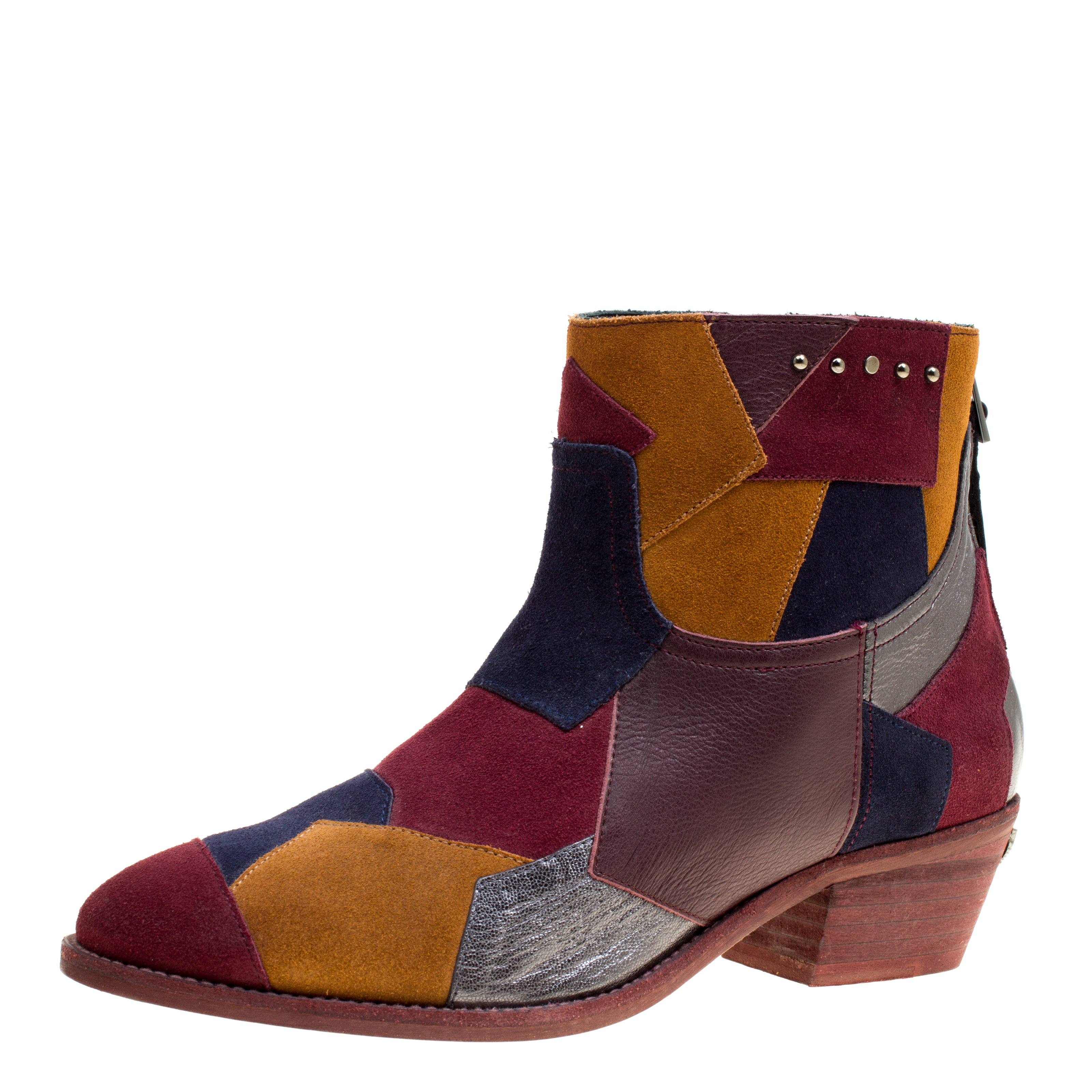 Image of Zadig and Voltaire Multicolor Suede and Leather Patchwork Teddy Ankle Boots Size