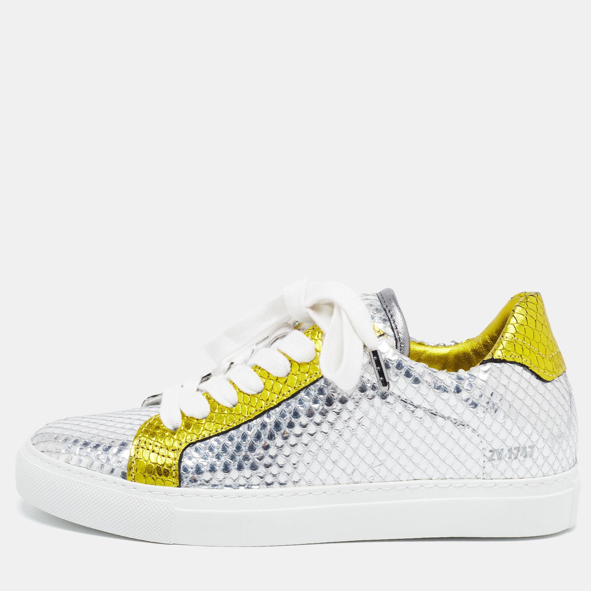 Zadig & Voltaire Silver/Gold Python Embossed Leather Low Top Sneakers Size 36