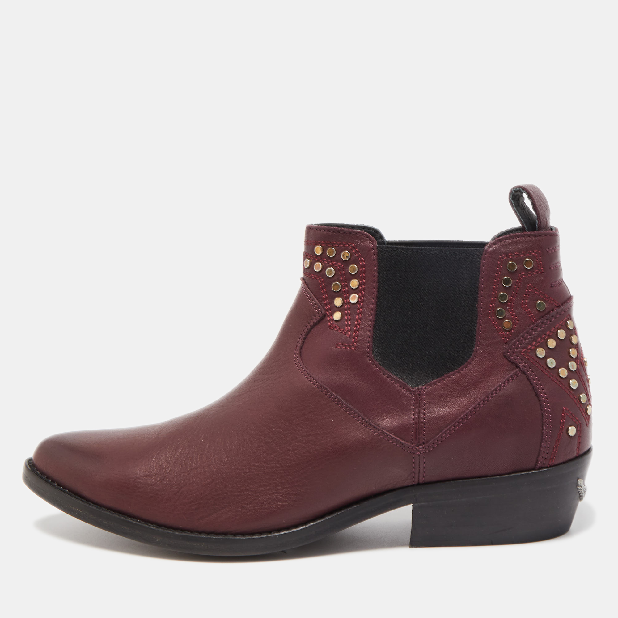 Zadig And Voltaire Burgundy Leather Studded Pointed Toe Ankle Boots Size 40