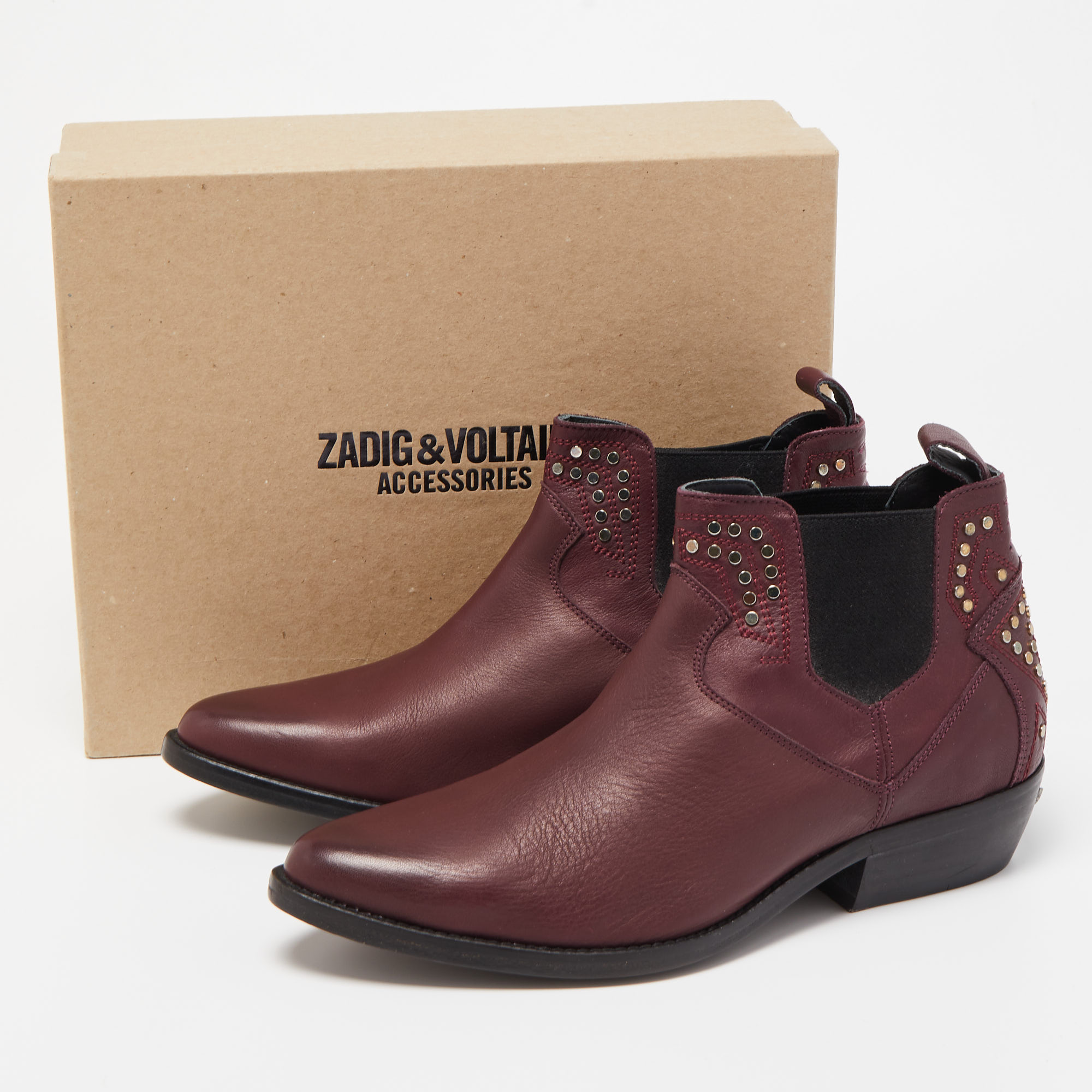 Zadig And Voltaire Burgundy Leather Studded Pointed Toe Ankle Boots Size 40