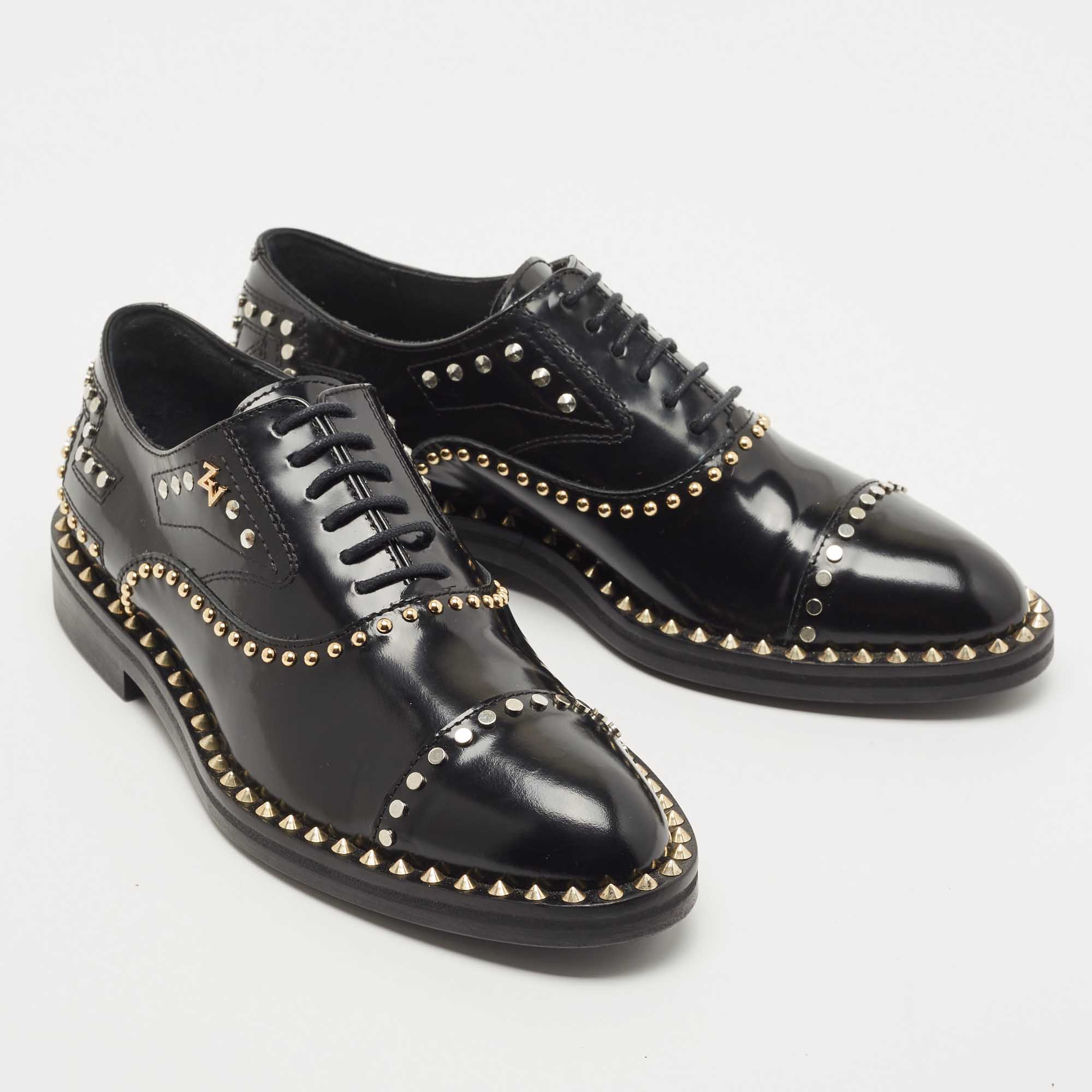 Zadig & Voltaire Black Leather Studded Youth Clous Oxfords Size 36