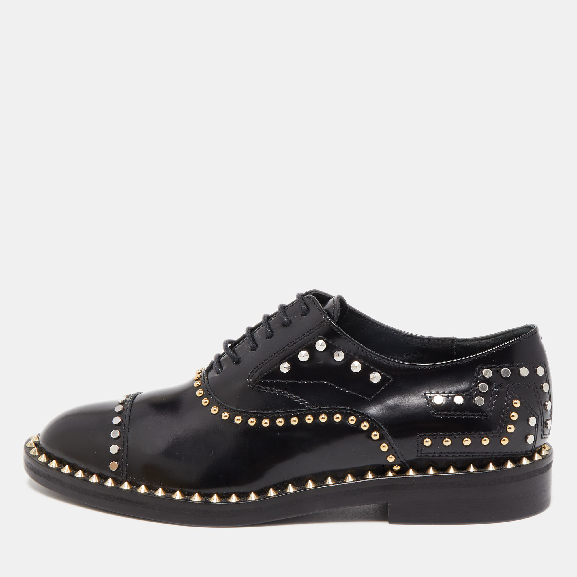 Zadig & Voltaire Black Leather Studded Lace Up Oxfords Size 37