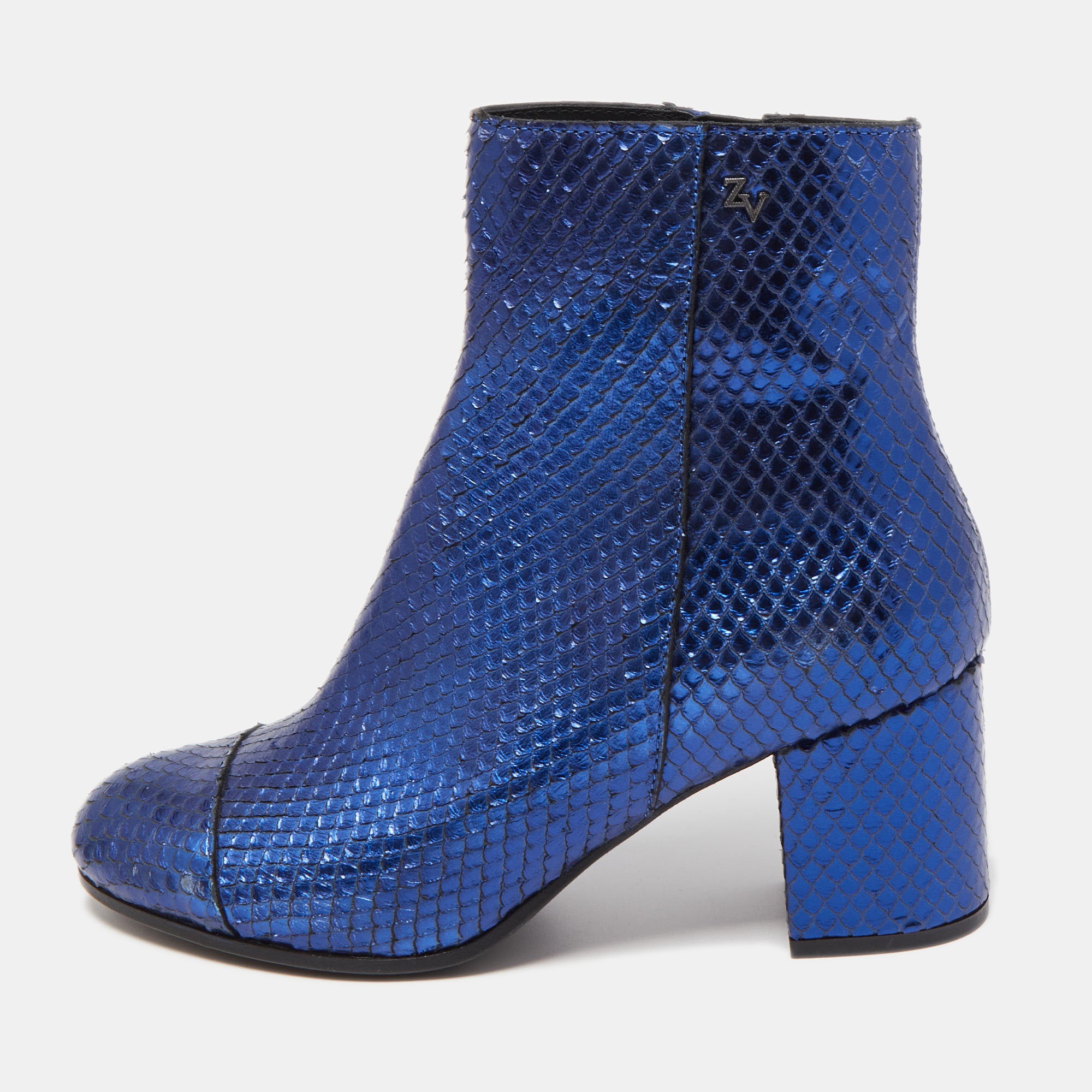Zadig & voltaire blue python embossed leather block heel ankle booties size 36