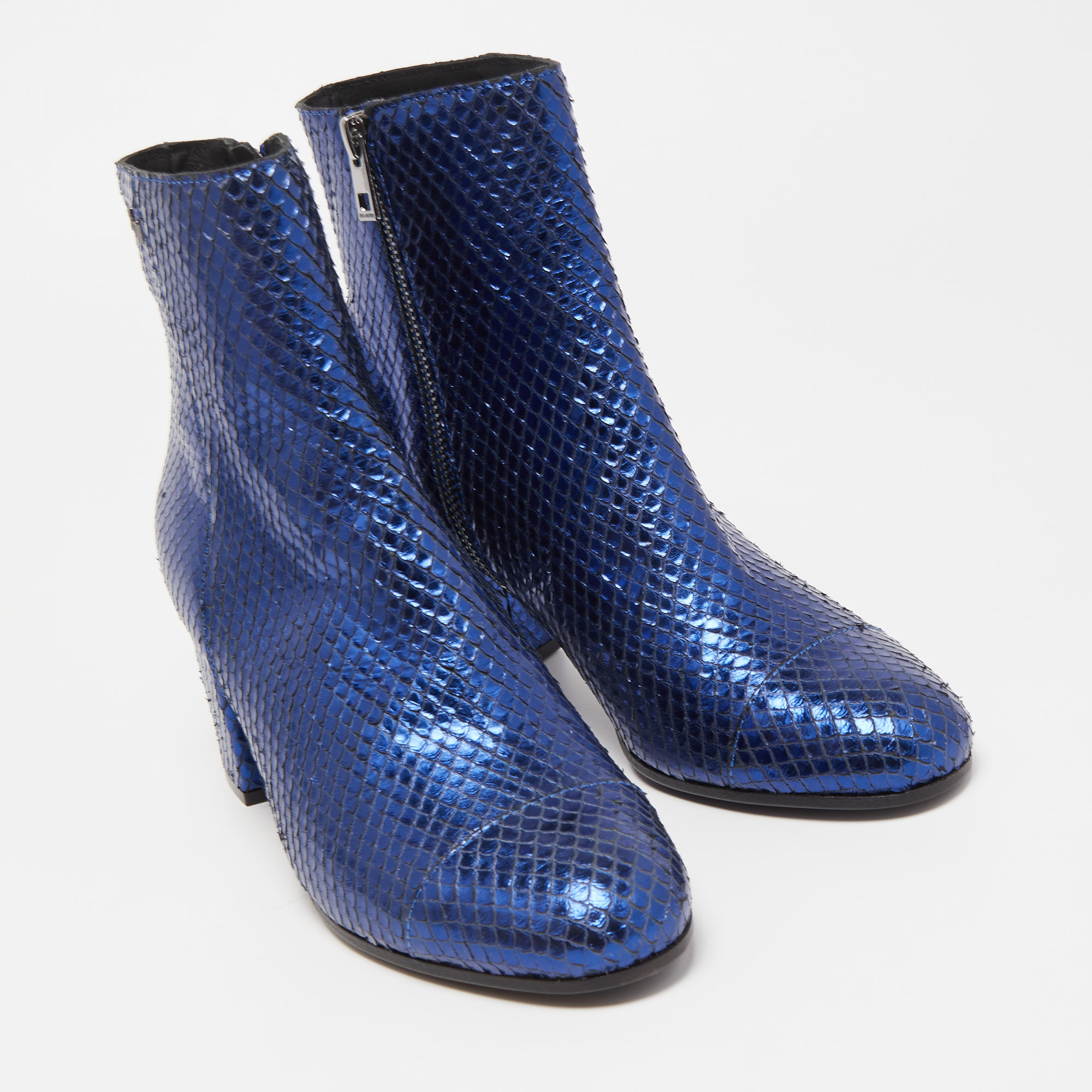 Zadiq & Voltaire Blue Python Embossed Leather Block Heel Ankle Booties Size 37