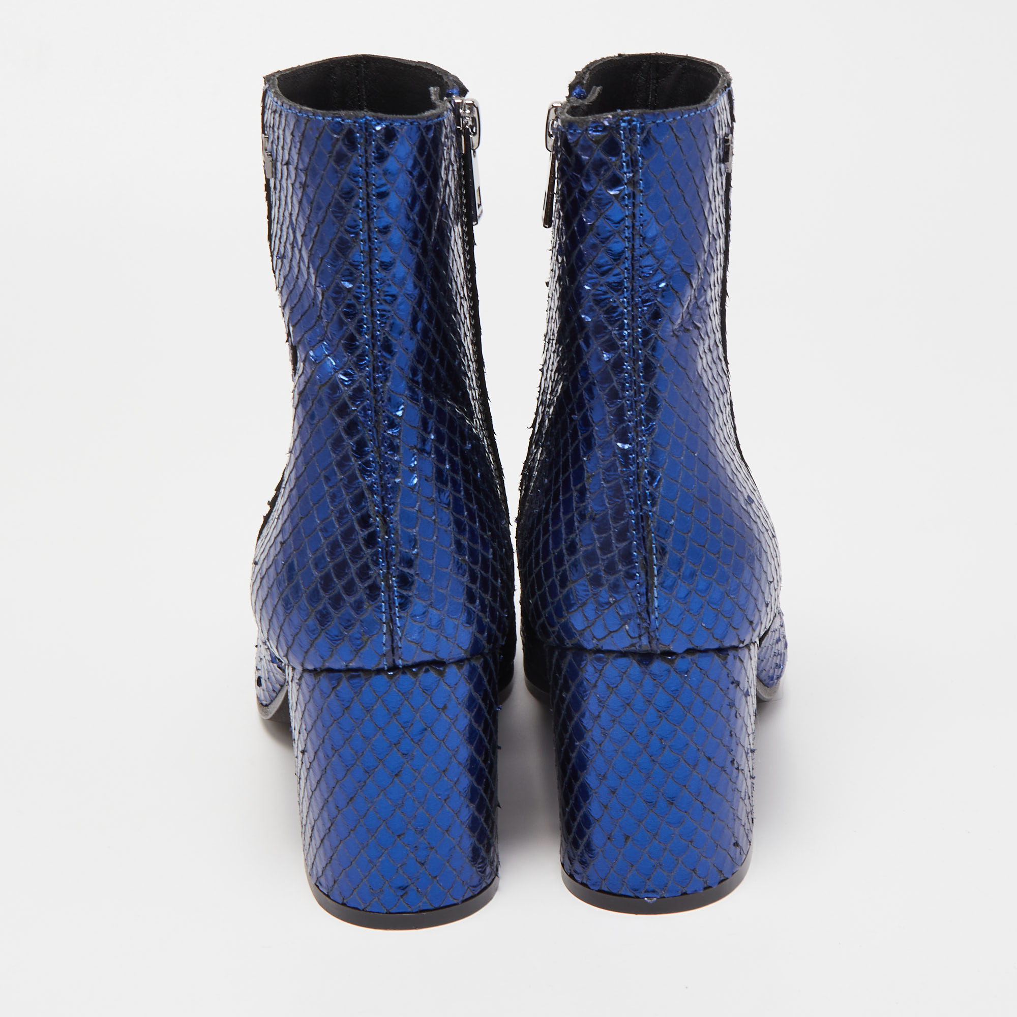Zadiq & Voltaire Blue Python Embossed Leather Block Heel Ankle Booties Size 37