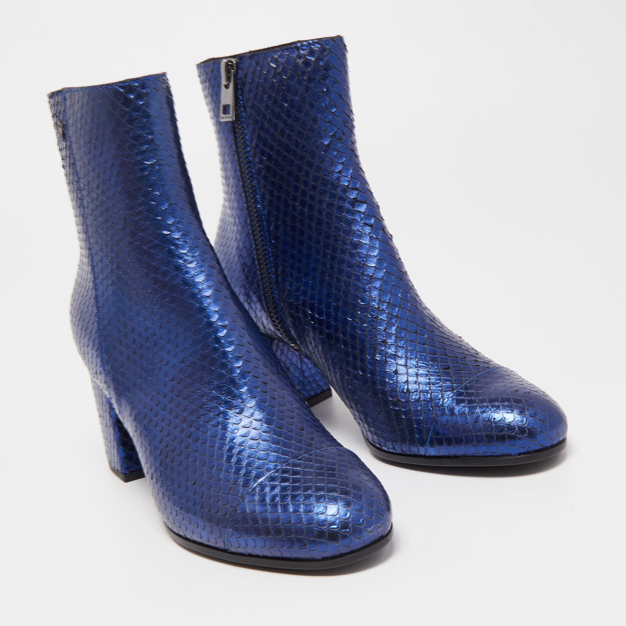 Zadiq & Voltaire Blue Python Embossed Leather Block Heel Ankle Booties Size 36