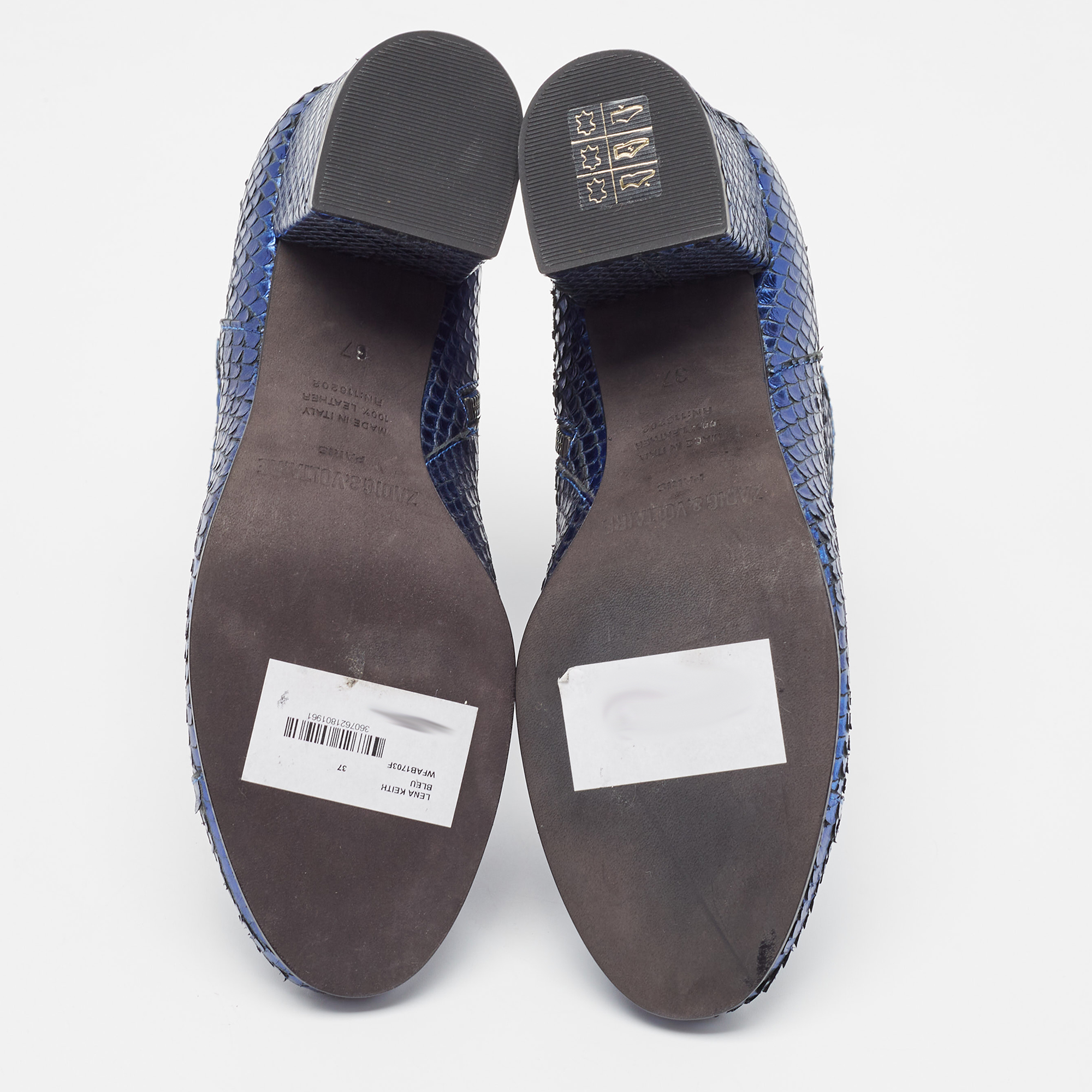 Zadiq & Voltaire Blue Python  Leather Block Heel Ankle Boots Size 37