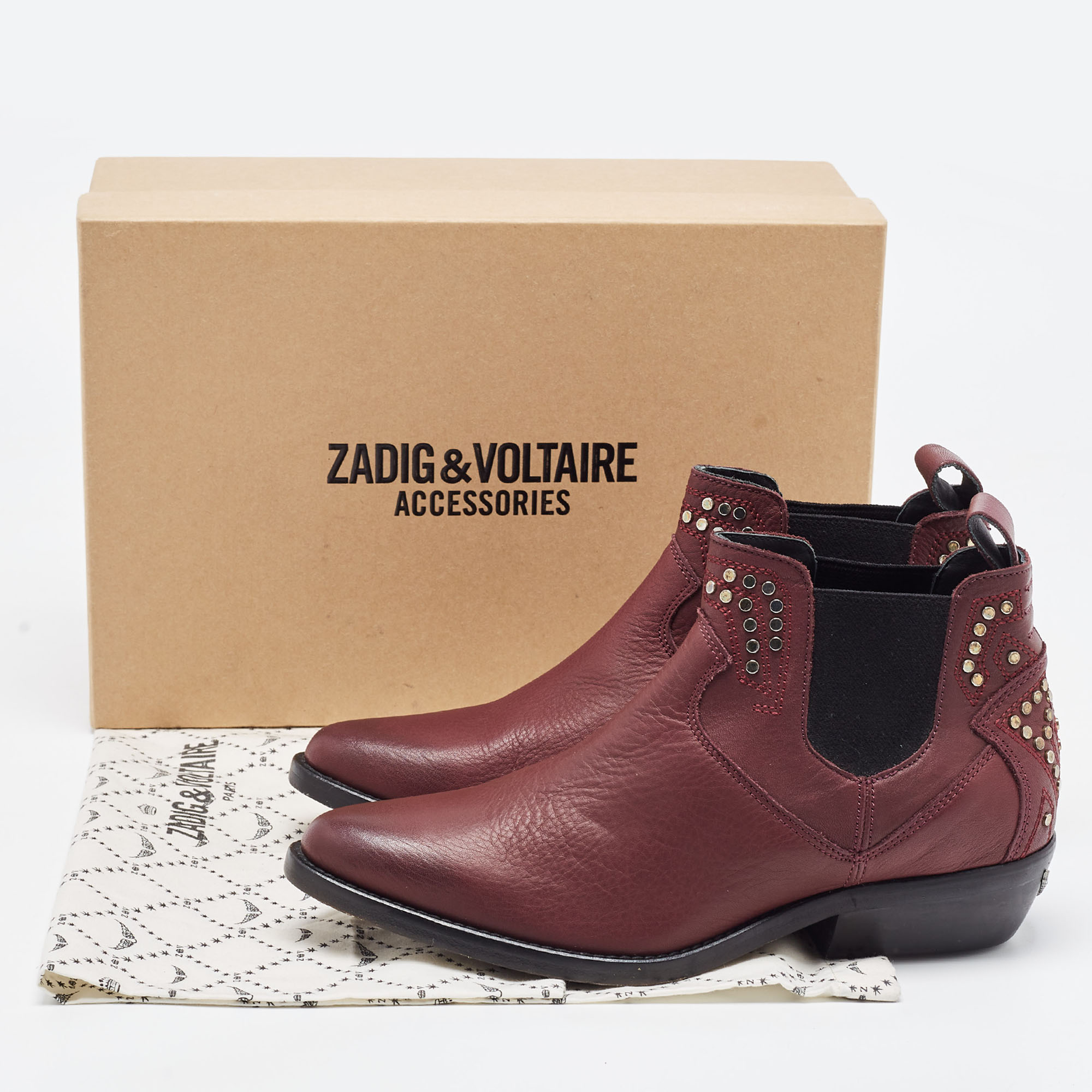 Zadig & Voltaire Burgundy Leather Ankle Boots Size 37