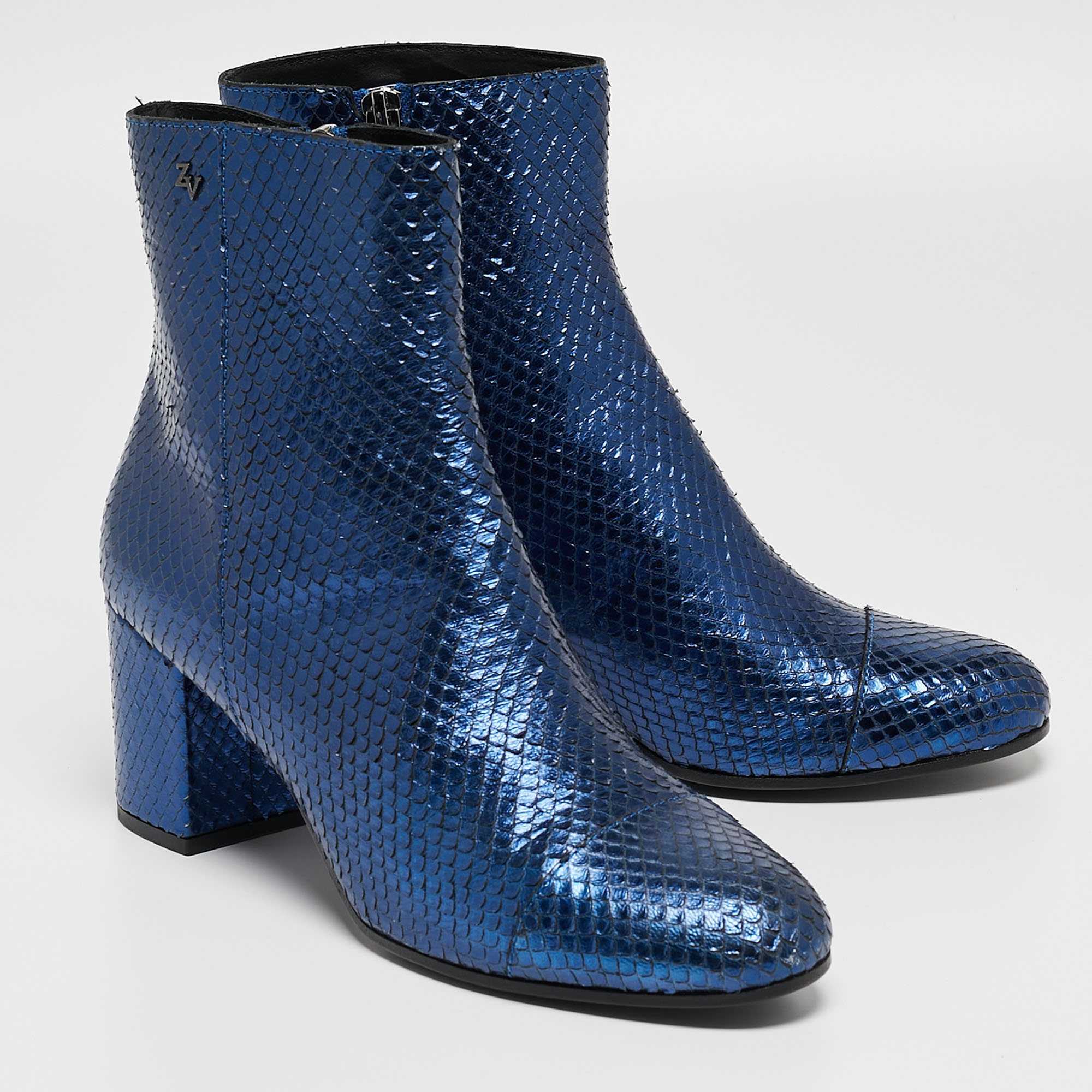 Zadiq & Voltaire Blue Python Embossed Leather Block Heel Ankle Boots Size 40