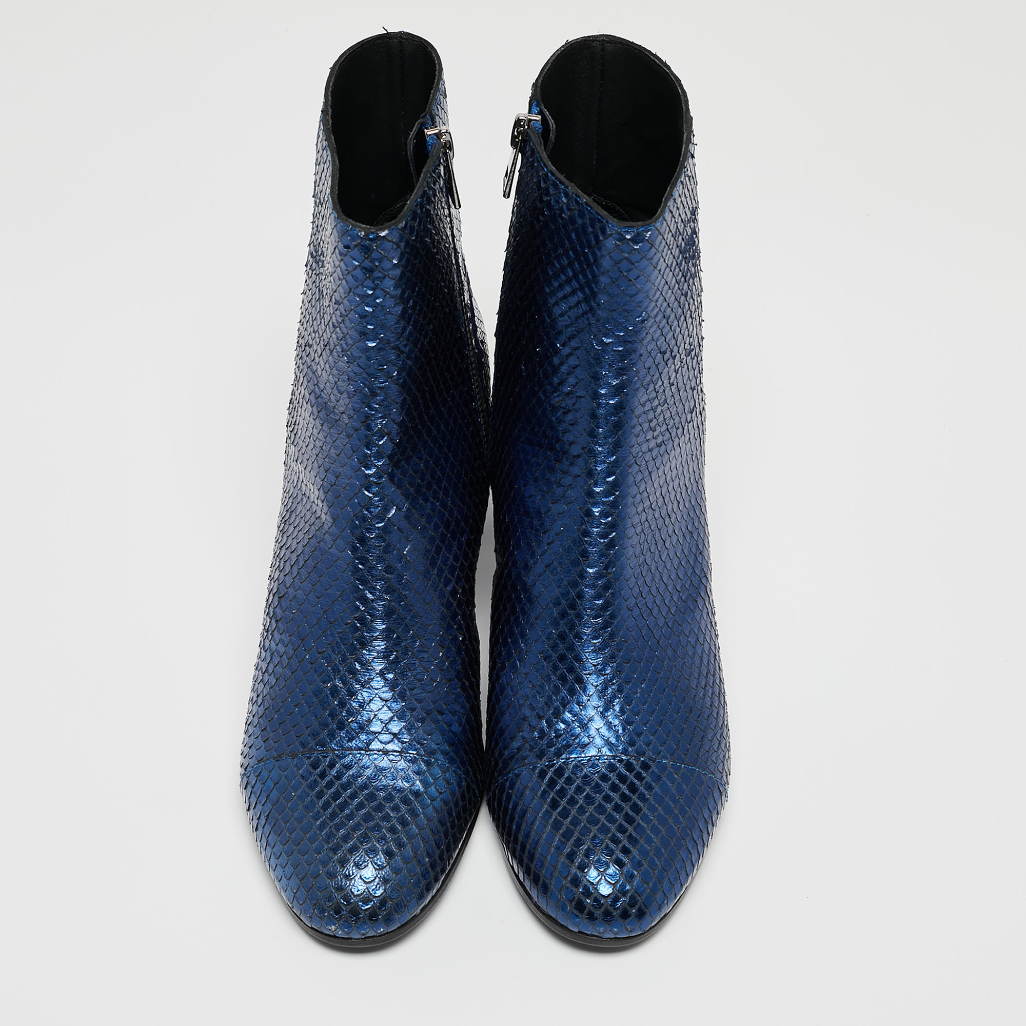 Zadiq & Voltaire Blue Python Embossed Leather Block Heel Ankle Boots Size 40