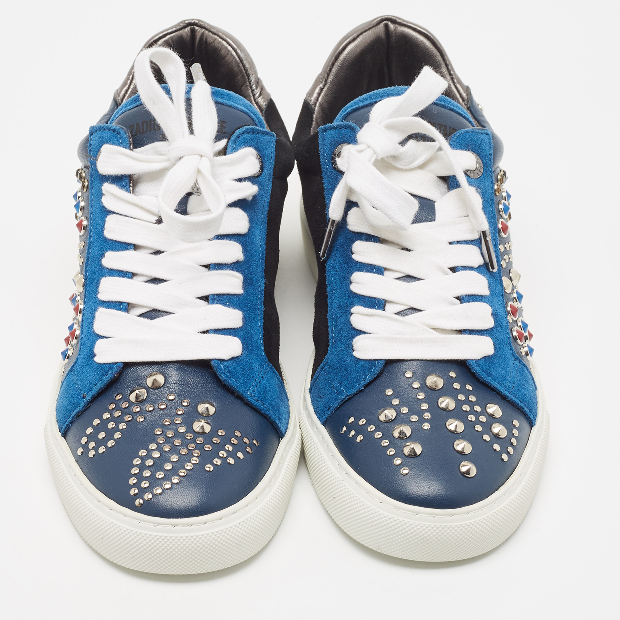 Zadig And Voltaire Tricolor Studded Leather And Suede Jungle Clous Sneakers Size 38