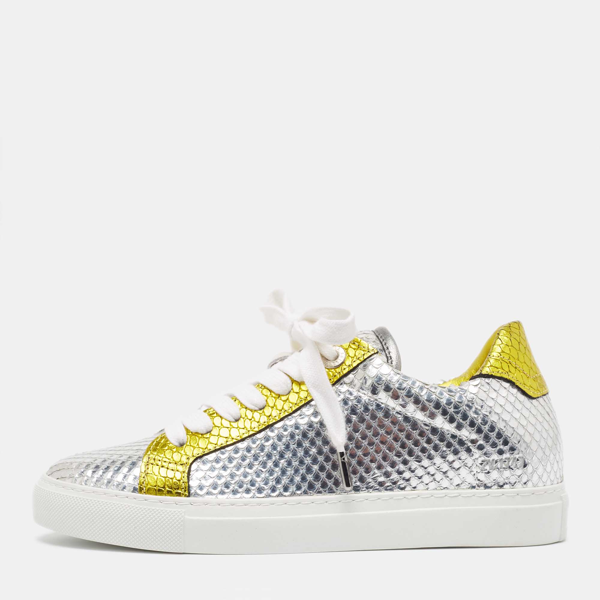 Zadig & voltaire silver/gold python embossed leather low top sneakers size 36