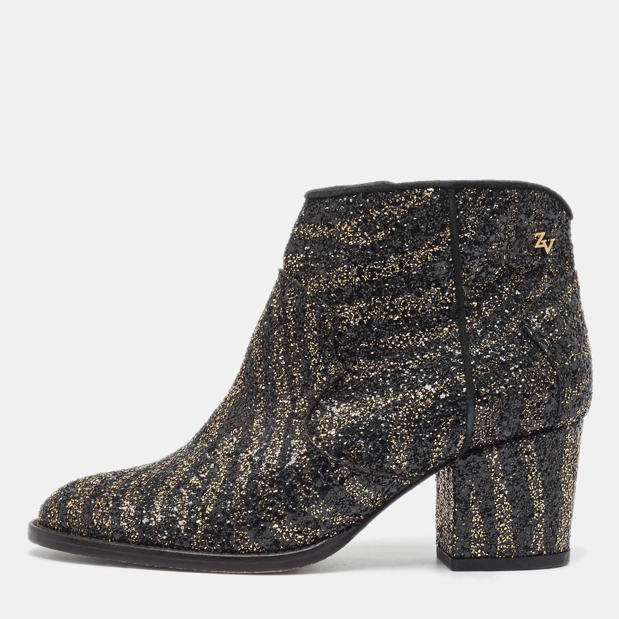 Zadig & voltaire black/gold glitter molly ankle boots size 36