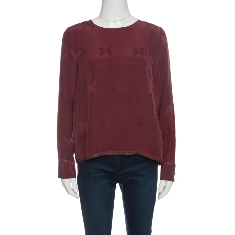 

Zadig and Voltaire Burgundy Tivy Jacquard Silk Lace Trim Long Sleeve Blouse