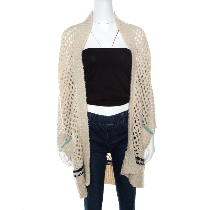 Image of Zadig and Voltaire Cream Crochet Knit Merino Wool Open Front Pix Hook Cardigan XS