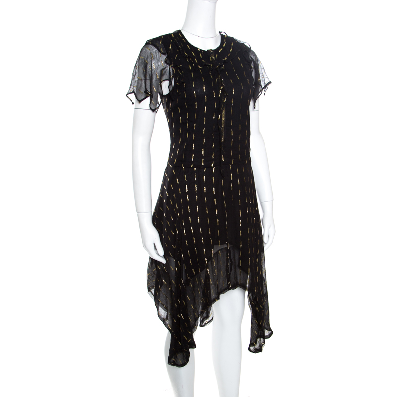 Zadig and Voltaire Noir Crepe Lurex Detail Ruffled Rool Shiny Shirt Dress XS