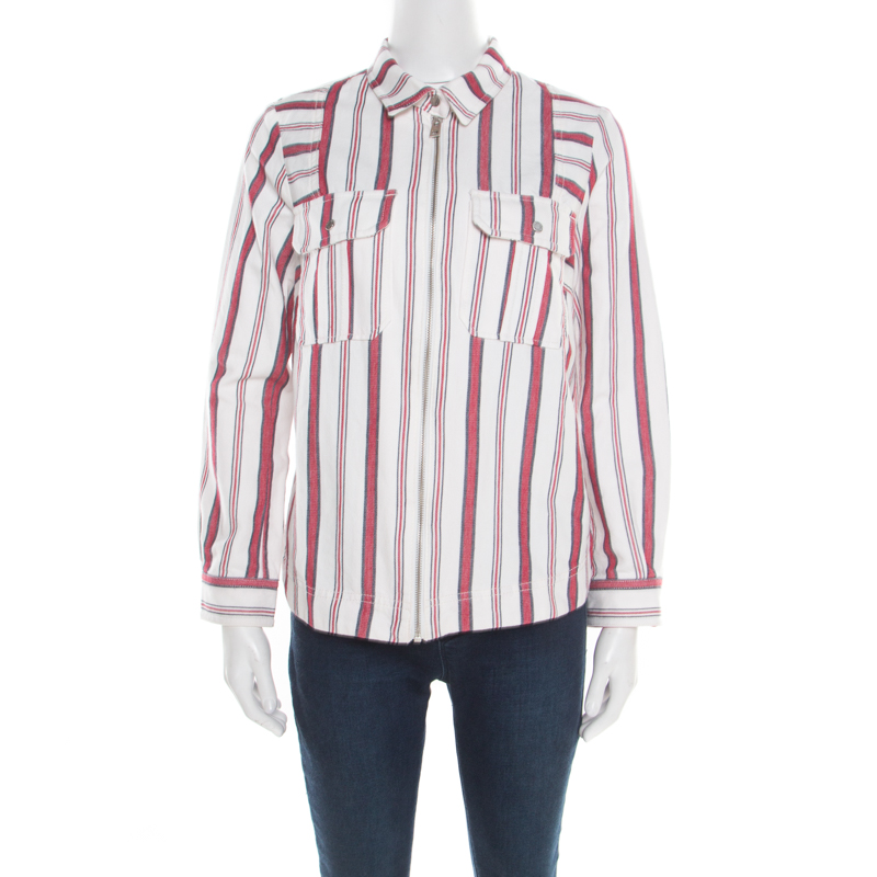 Image of Zadig and Voltaire Red and White Striped Cotton Twill Tach Raye Zipped Shirt S