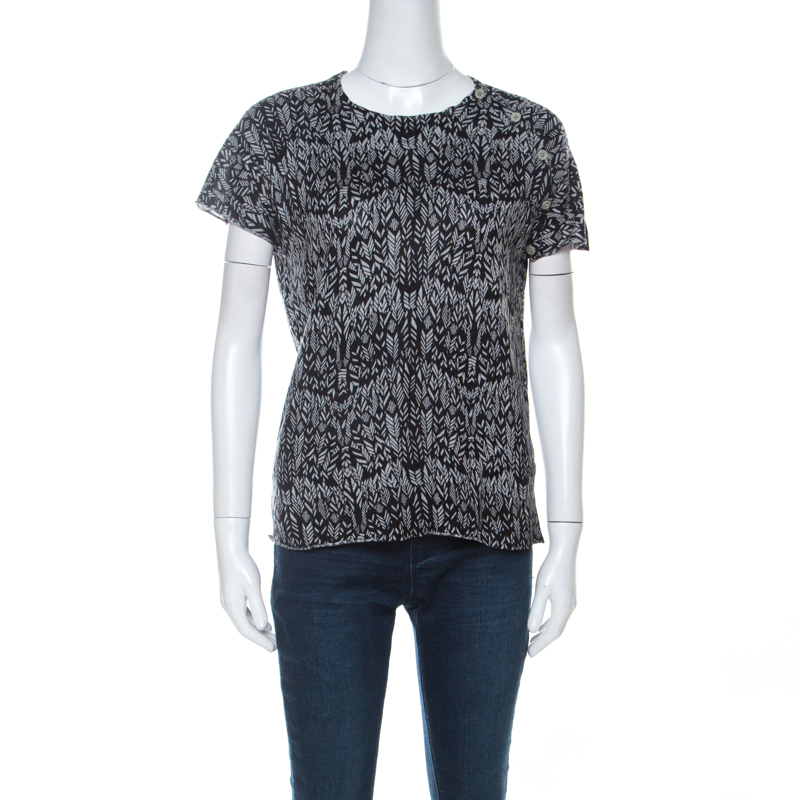 

Zadig and Voltaire Grey & Black Printed Half Sleeve Silk-Cashmere Blend Top