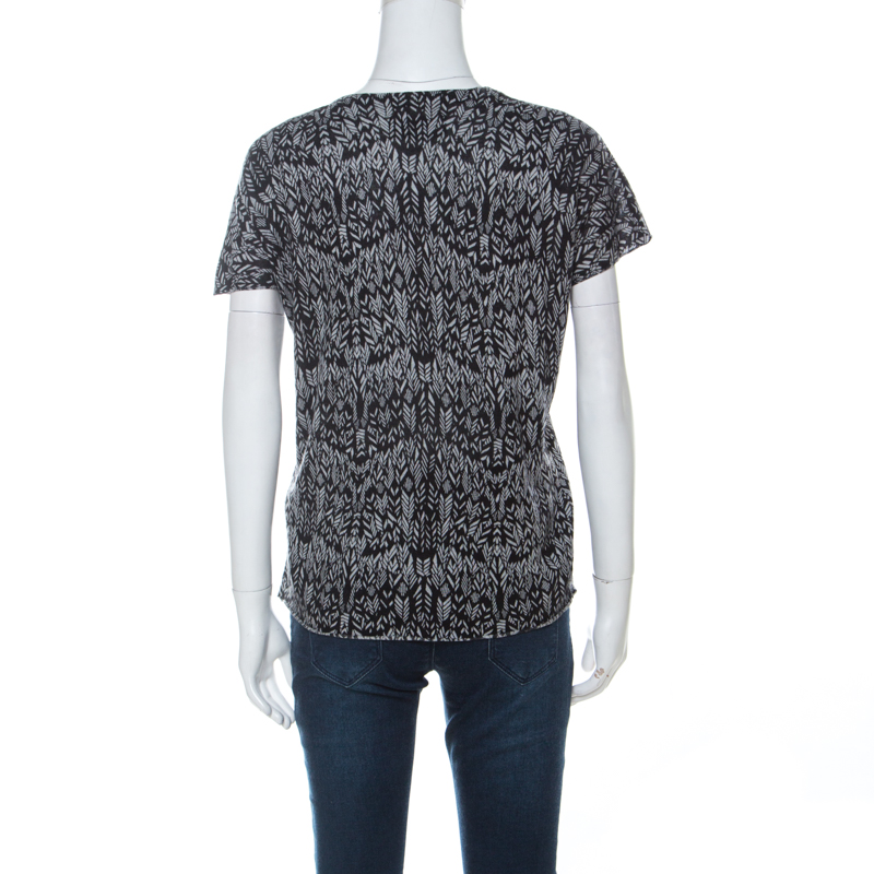Zadig And Voltaire Grey & Black Printed Half Sleeve Silk-Cashmere Blend Top M