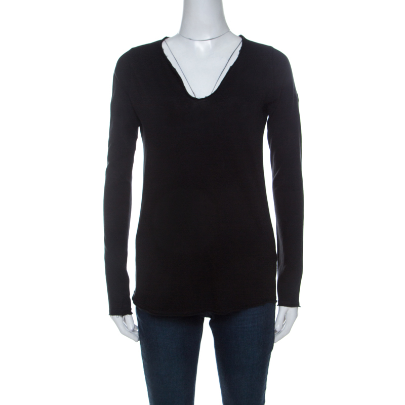 Image of Zadig and Voltaire Black Cotton V Neck Long Sleeve Tunys ML T Shirt XS
