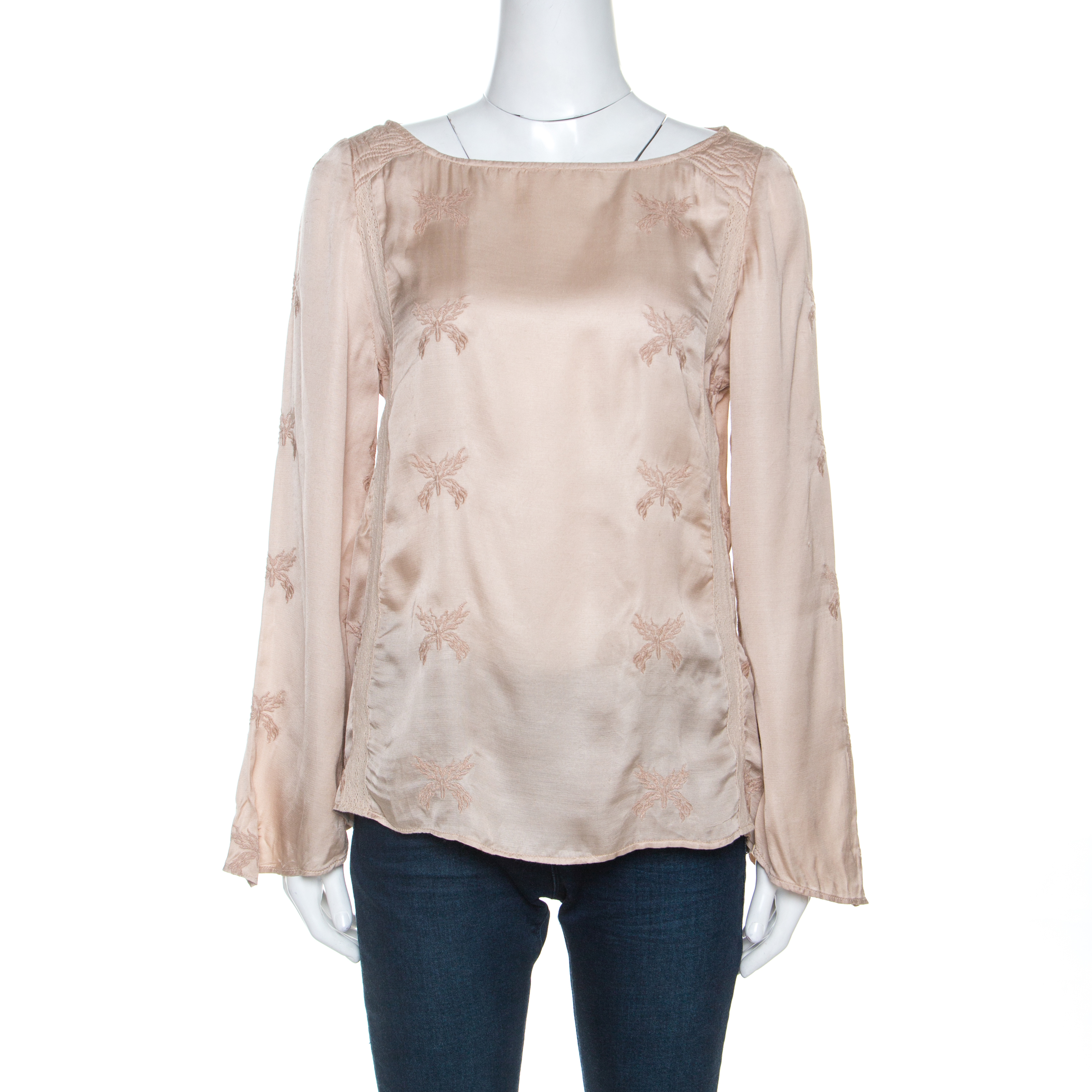 Image of Zadig & Voltaire Beige Embroidered Satin Lace Trim Toxanne Brod Top S