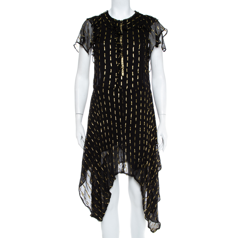 Zadig & Voltaire Noir Crepe Lurex Detail Rool Shiny Asymmetric Hem Dress M