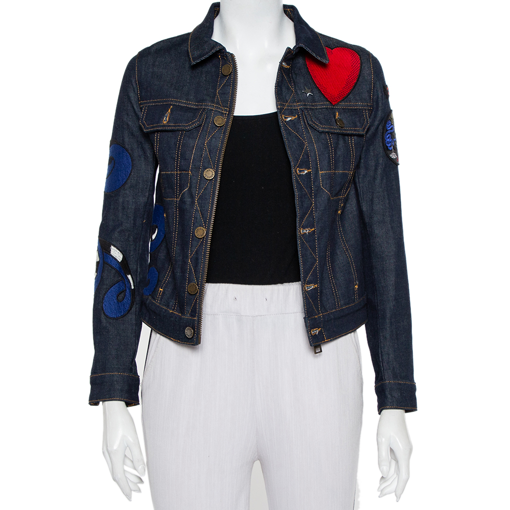 Zadig & Voltaire Navy Blue Denim Applique Detail Kioky Brode Jacket XS