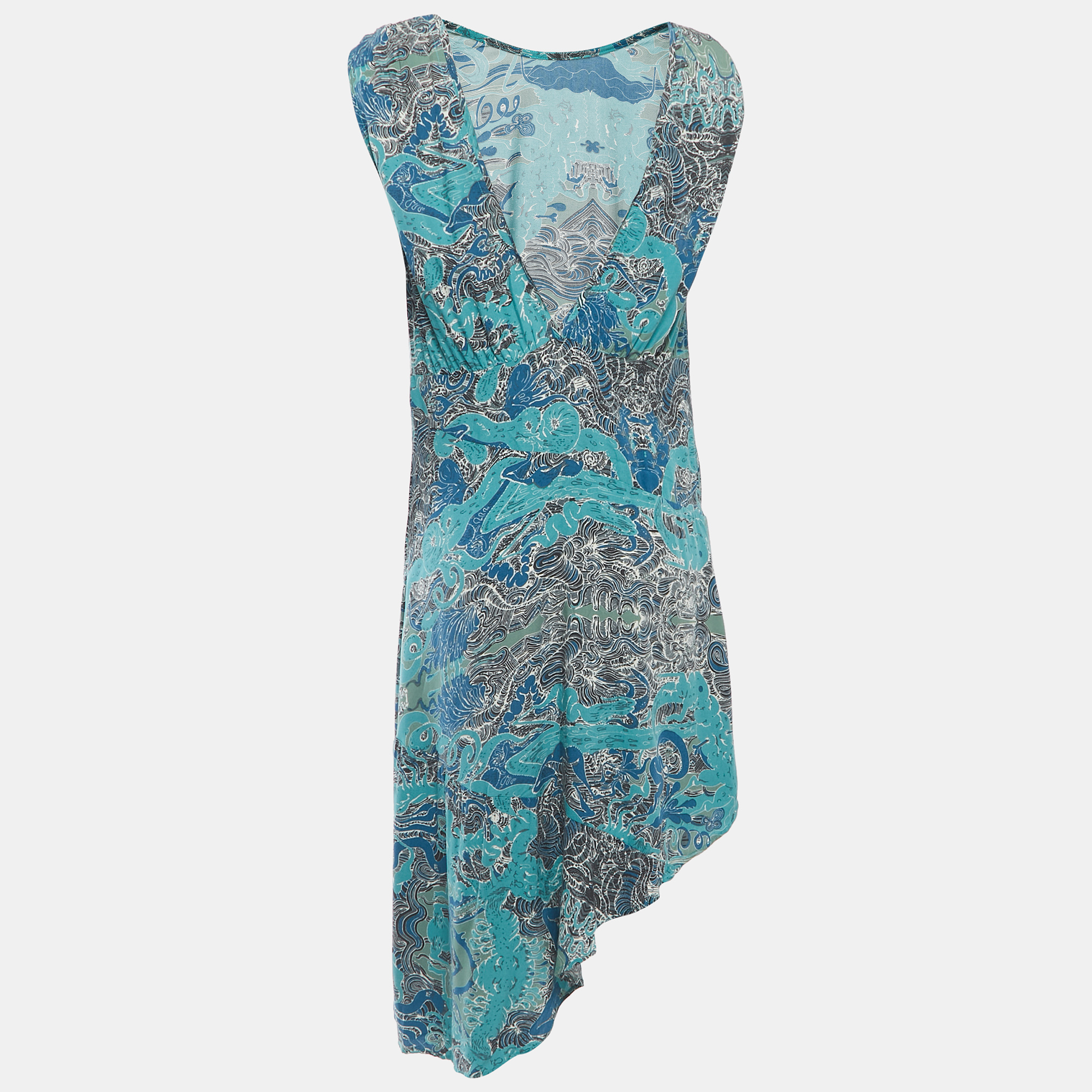 Zadig & Voltaire Blue Root Print Raw Edge Detailed Asymmetrical Sleeveless Dress S