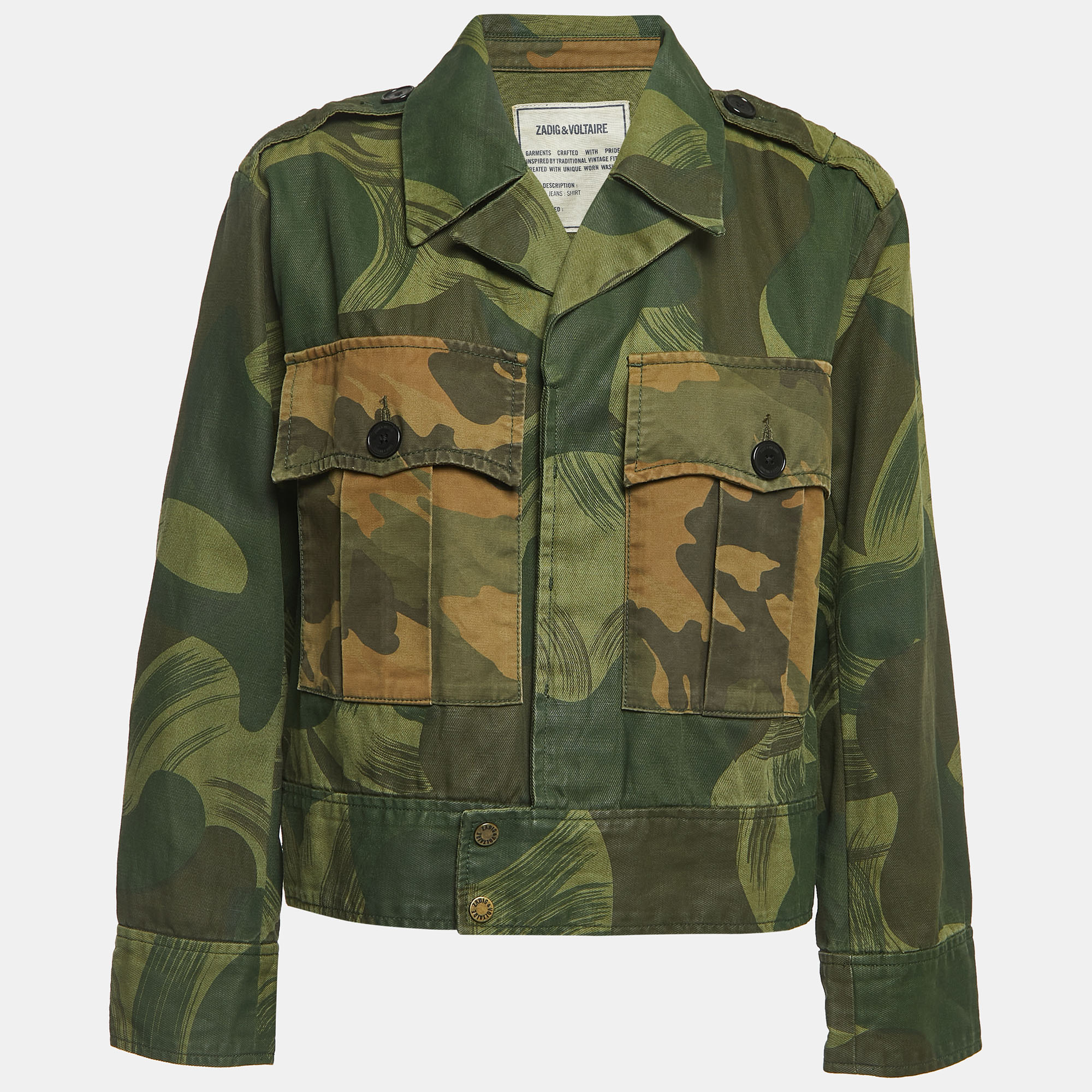 Zadig & voltaire military green camouflage cotton blend button front jacket xs