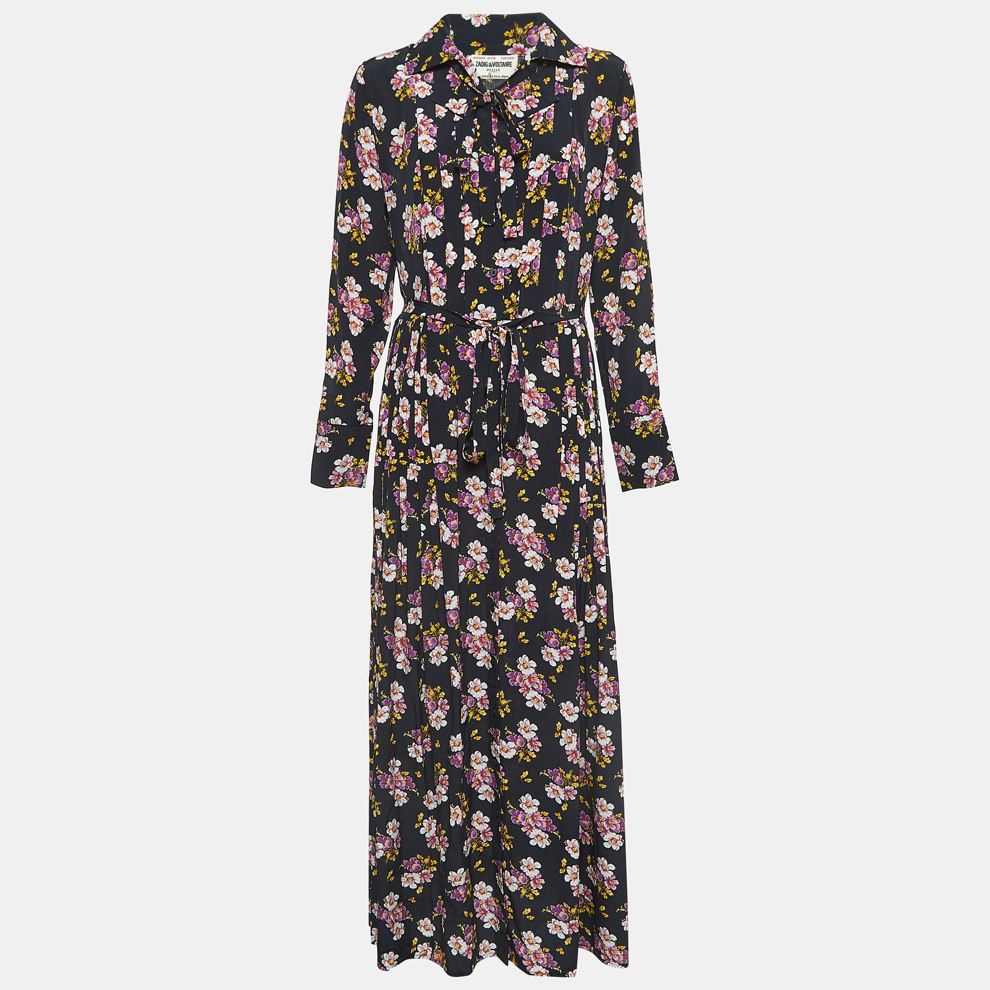 Zadig & Voltaire Black Floral Print Silk Pleated Button Front Maxi Dress M