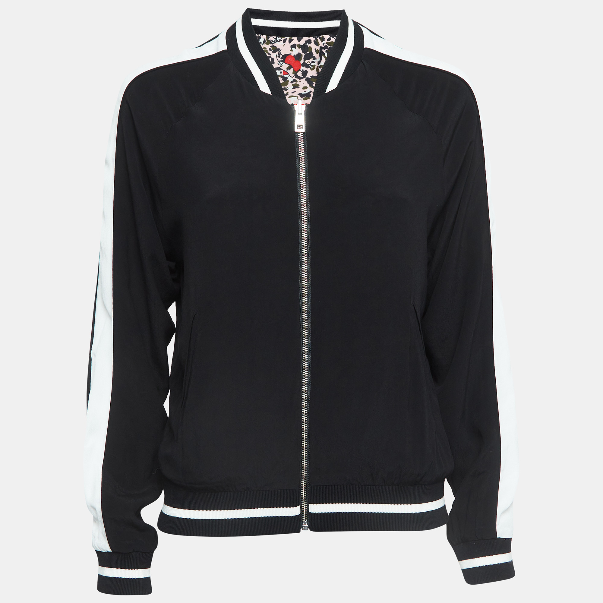 Zadig & voltaire black/pink floral print crepe reversable bomber jacket s