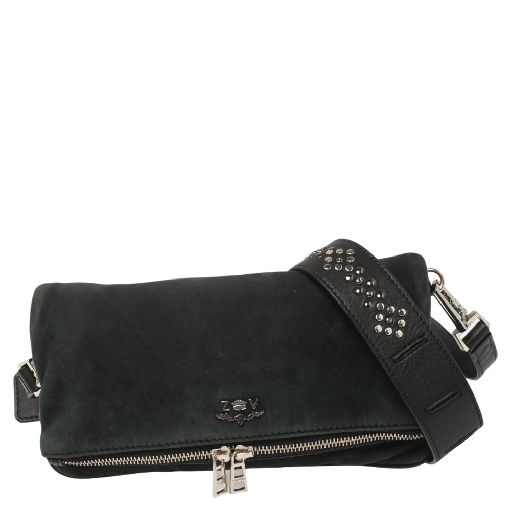 Zadig & Voltaire Black Nubuck Leather Fold Over Zip Studded Shoulder Bag