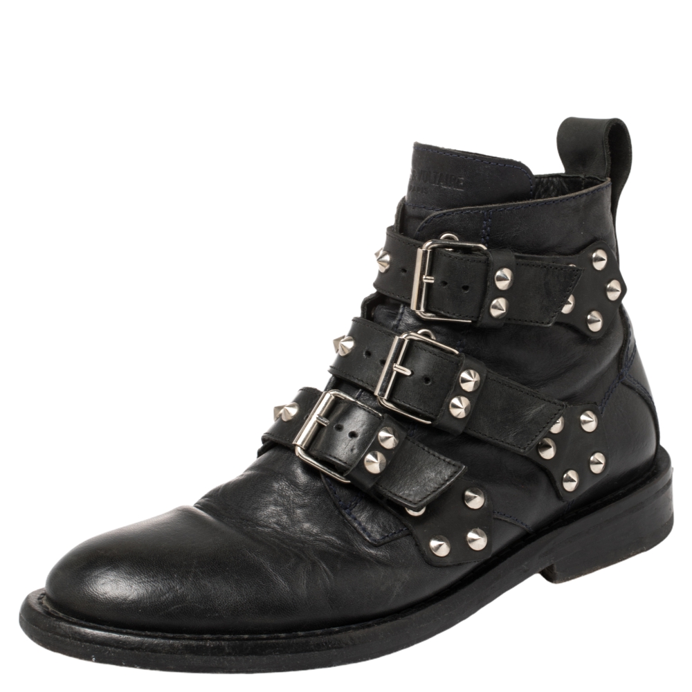 Zadig and Voltaire Black Leather Studded Laureen Ankle Boots Size 41