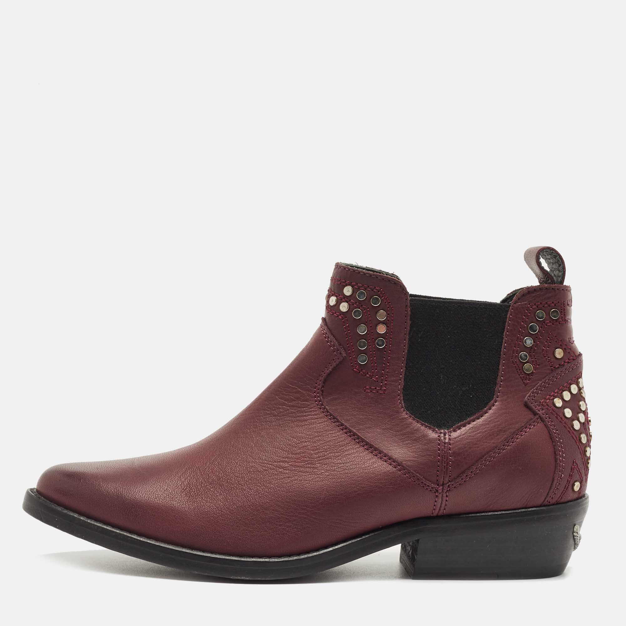 Zadig & Voltaire Burgundy Leather Thylana Studded Ankle Booties Size 36