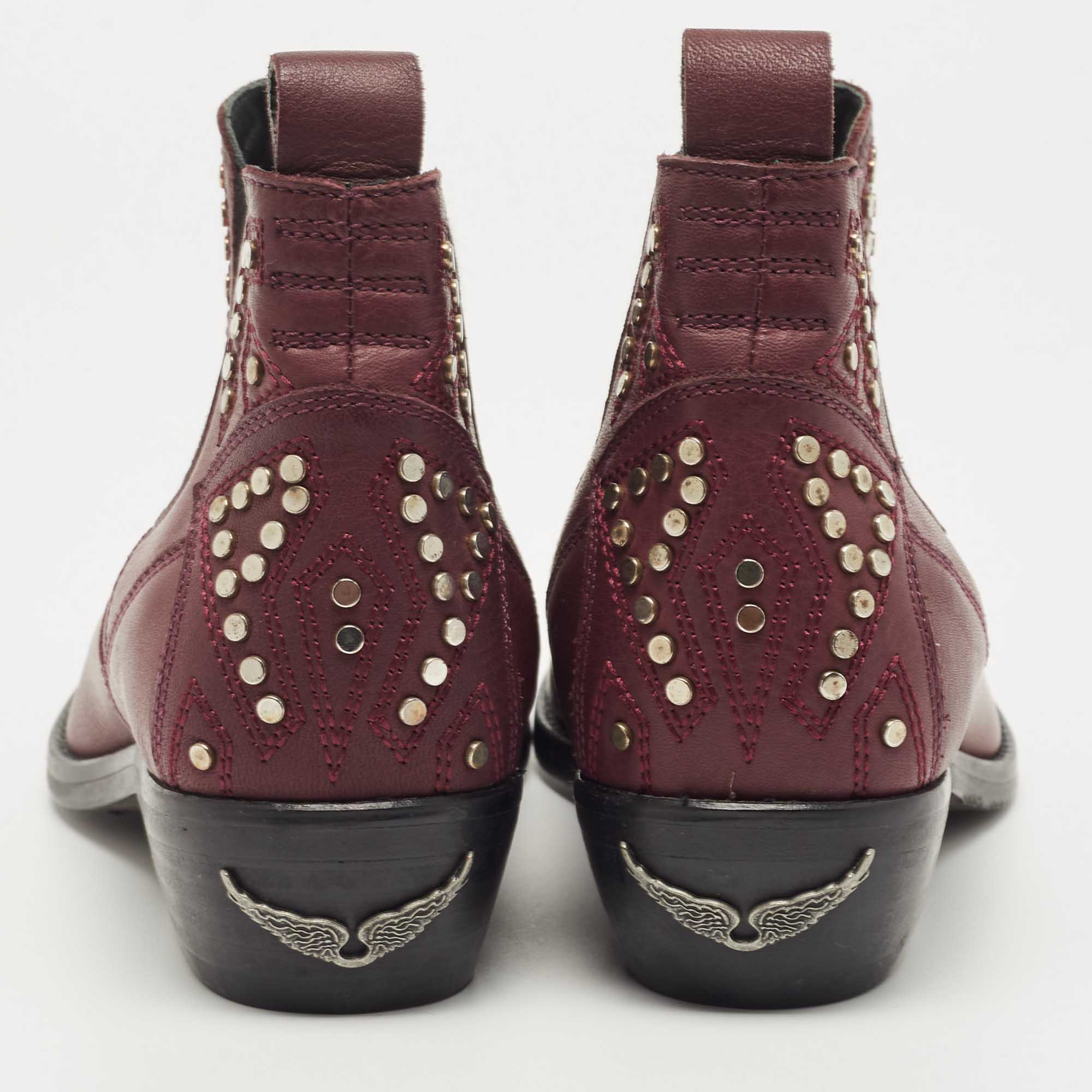 Zadig & Voltaire Burgundy Leather Thylana Studded Ankle Booties Size 36