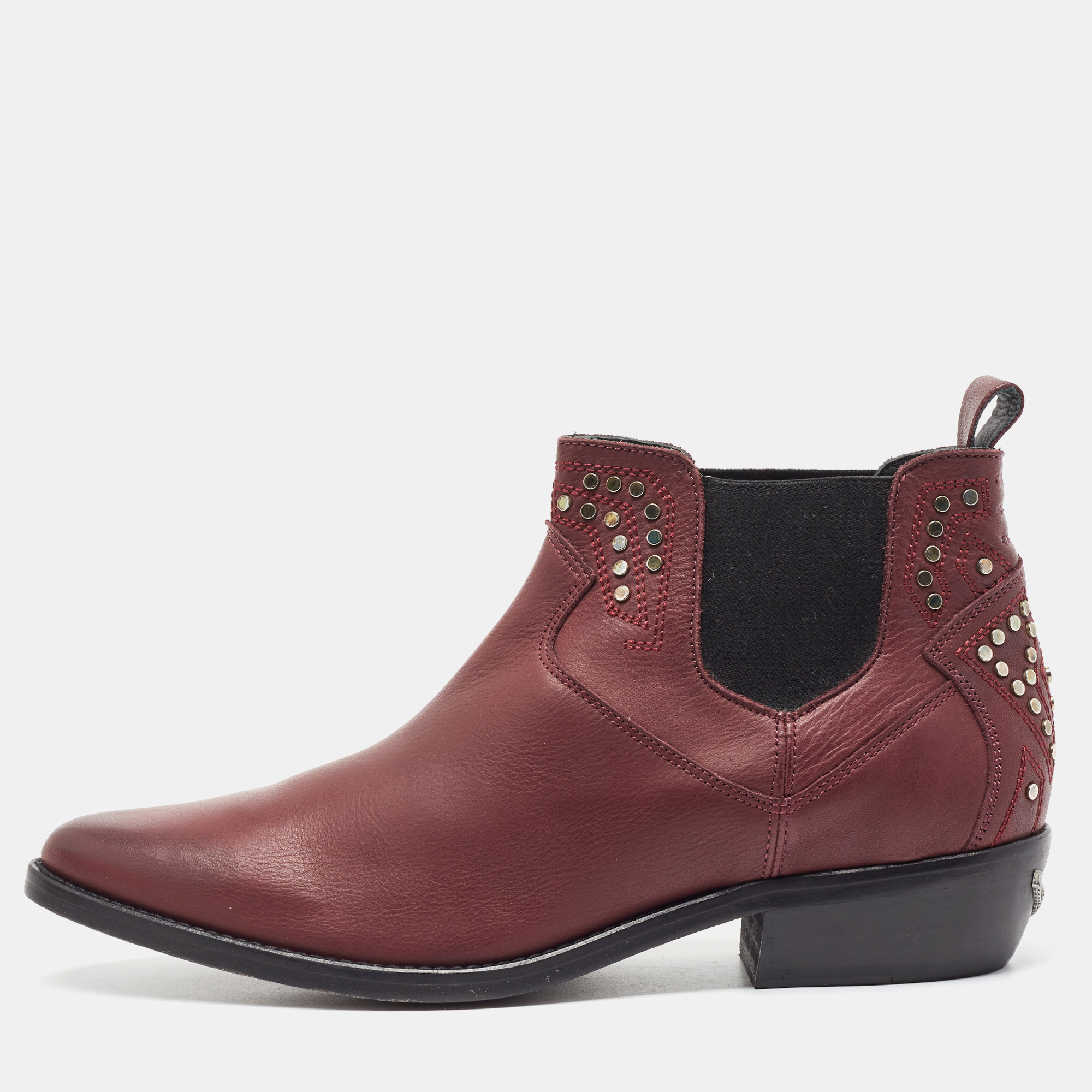 Zadig & Voltaire Burgundy Leather Thylana Studded Ankle Boots Size 41