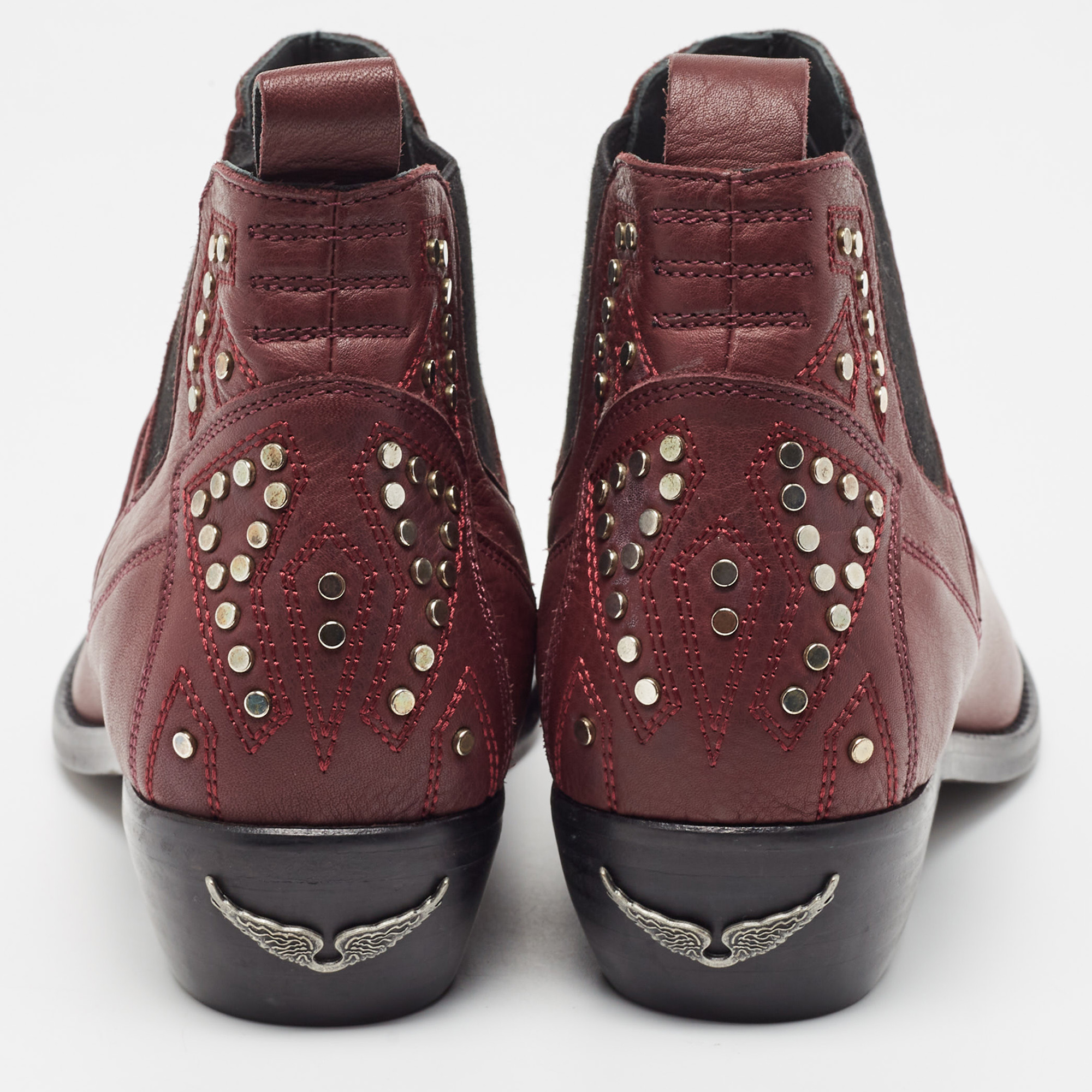 Zadig & Voltaire Burgundy Leather Thylana Studded Ankle Boots Size 41