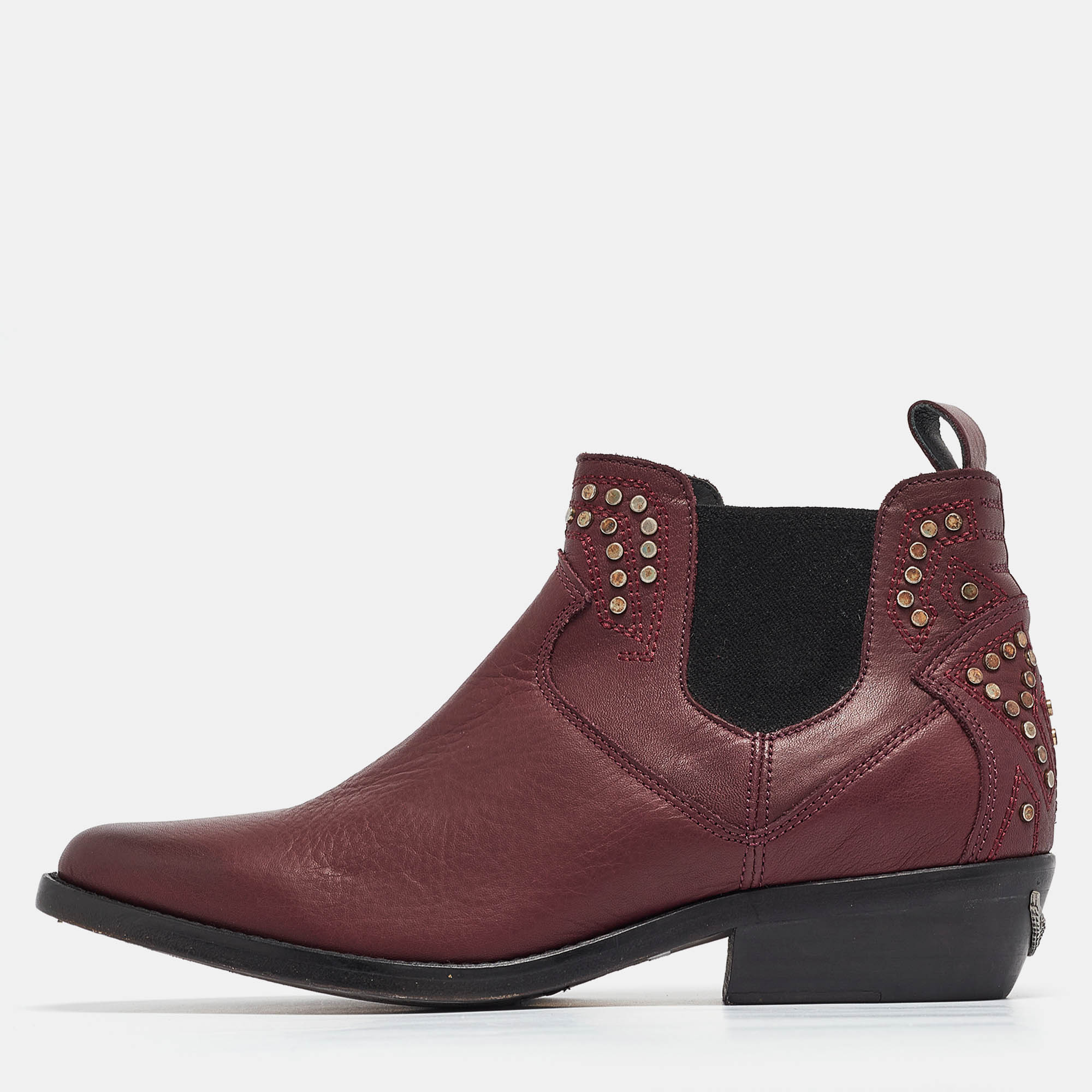 Zadig & voltaire burgundy leather thylana studded ankle booties size 37