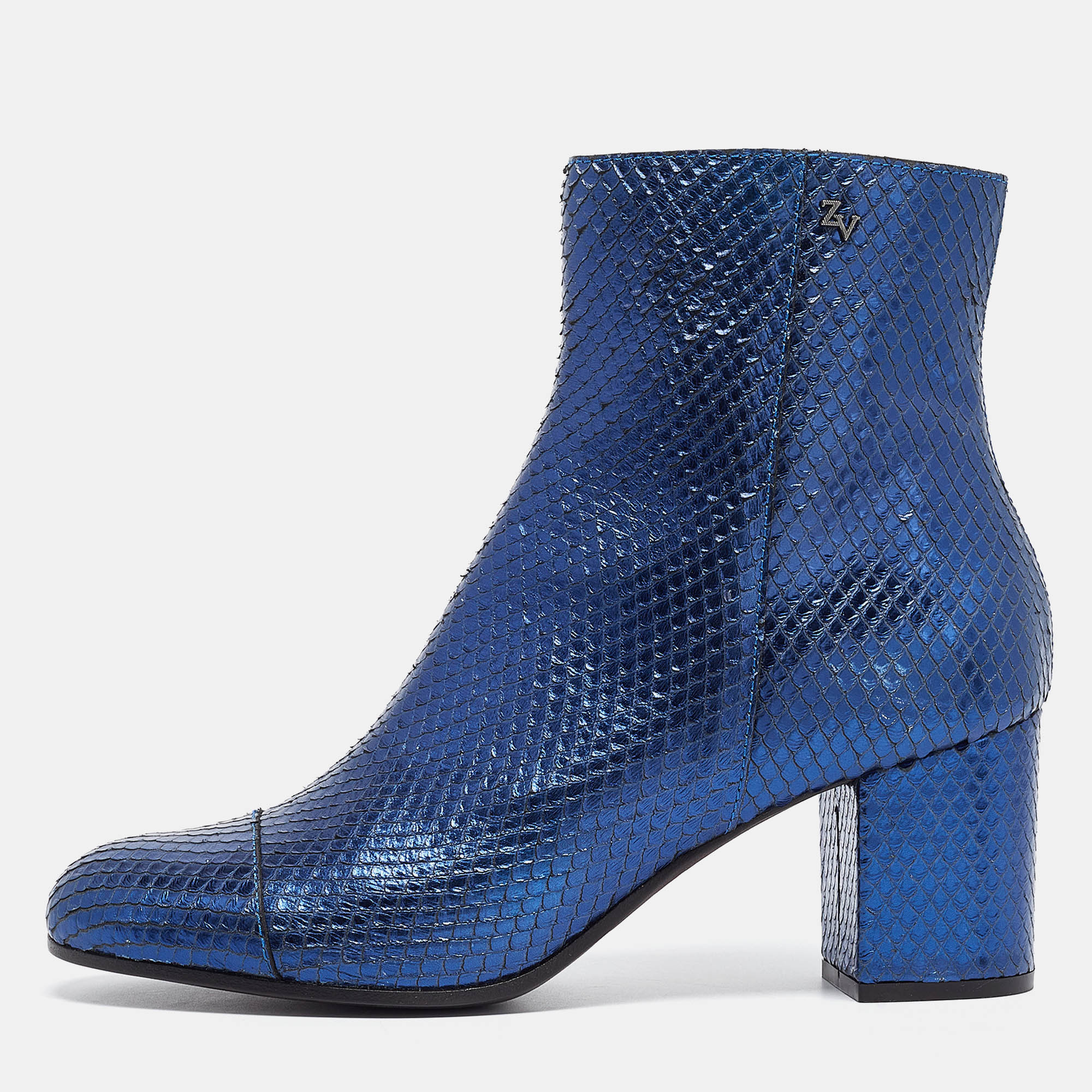 Zadig & voltaire metallic blue python embossed leather lena ankle boots size 40