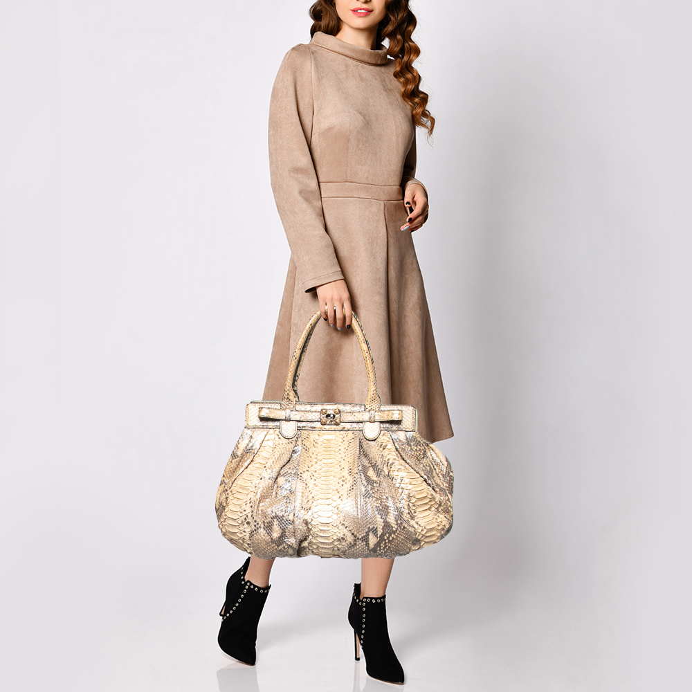 Zagliani Beige/Brown Shimmer Python Puffy Hobo