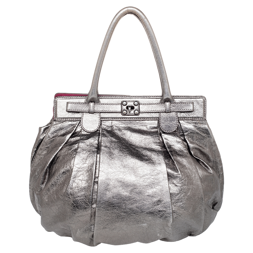 Zagliani metallic grey pewter satchel