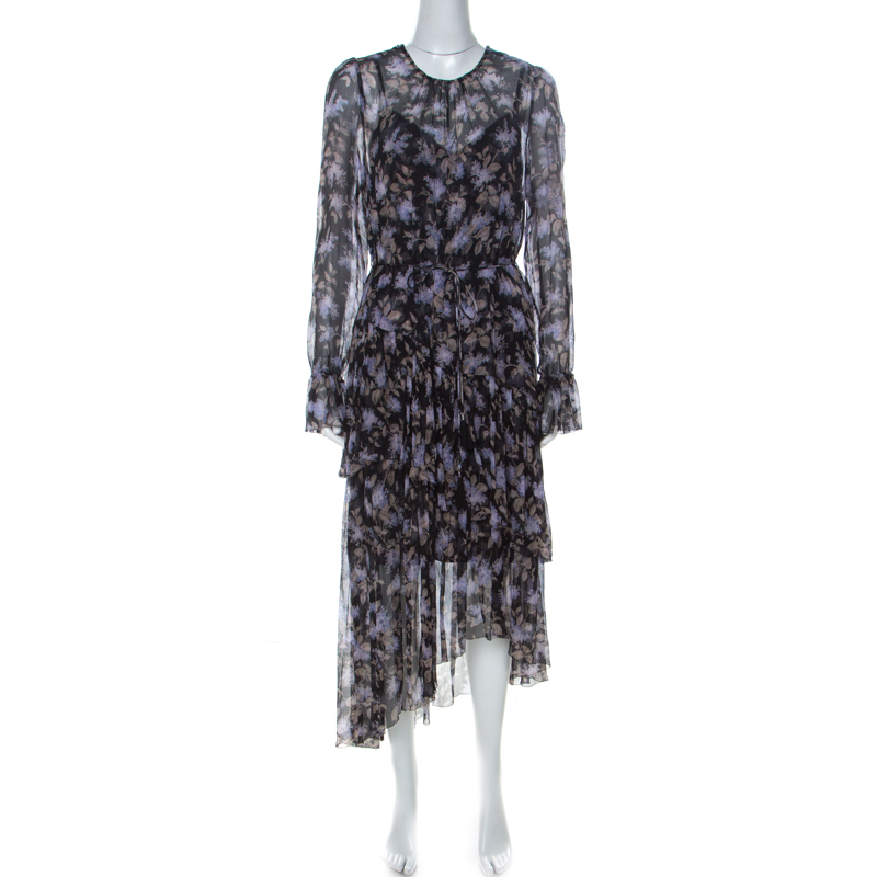 Zimmerman Black Lavender Print Chiffon Asymmetric Ruffle Detail Dress L