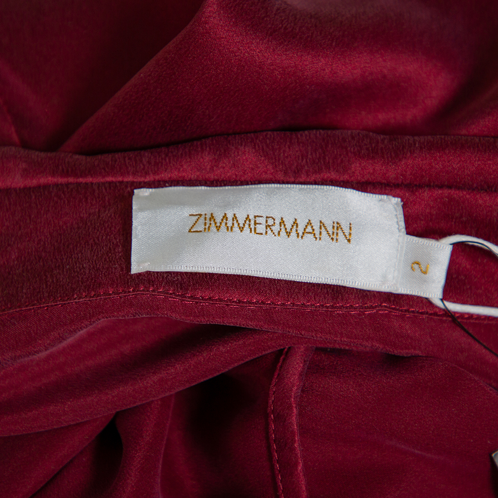 Zimmermann Burgundy Coated Silk Flounce Midi Wrap Dress S