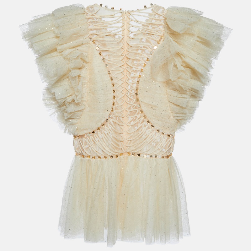 Zimmermann Cream Embellished Glitter Tulle Dancer Ruffled Top XS